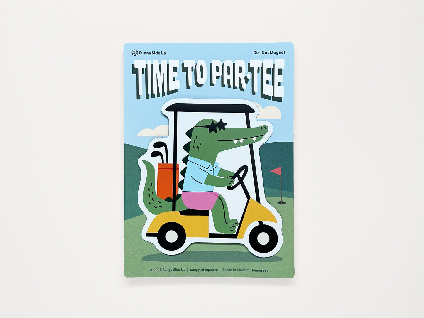 Funny alligator golf cart magnet with ‘Time to Partee’ text, quirky die-cut fridge magnet gift for golfers, golf lovers, and novelty kitchen decor.