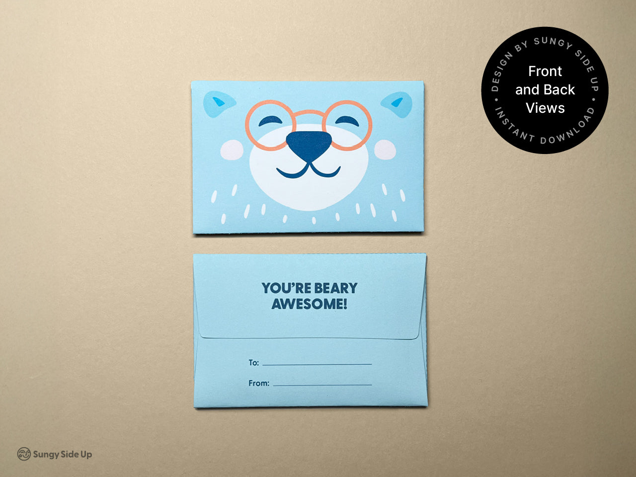 Front and back views of a printable bear gift card holder displayed flat on a beige background. The front features a smiling bear with orange glasses, while the back says “You’re Beary Awesome” with To and From” lines for personalization. A great DIY gift card envelope for birthdays, baby showers, and thank-you gifts. Instant download for easy and cute gift-giving.