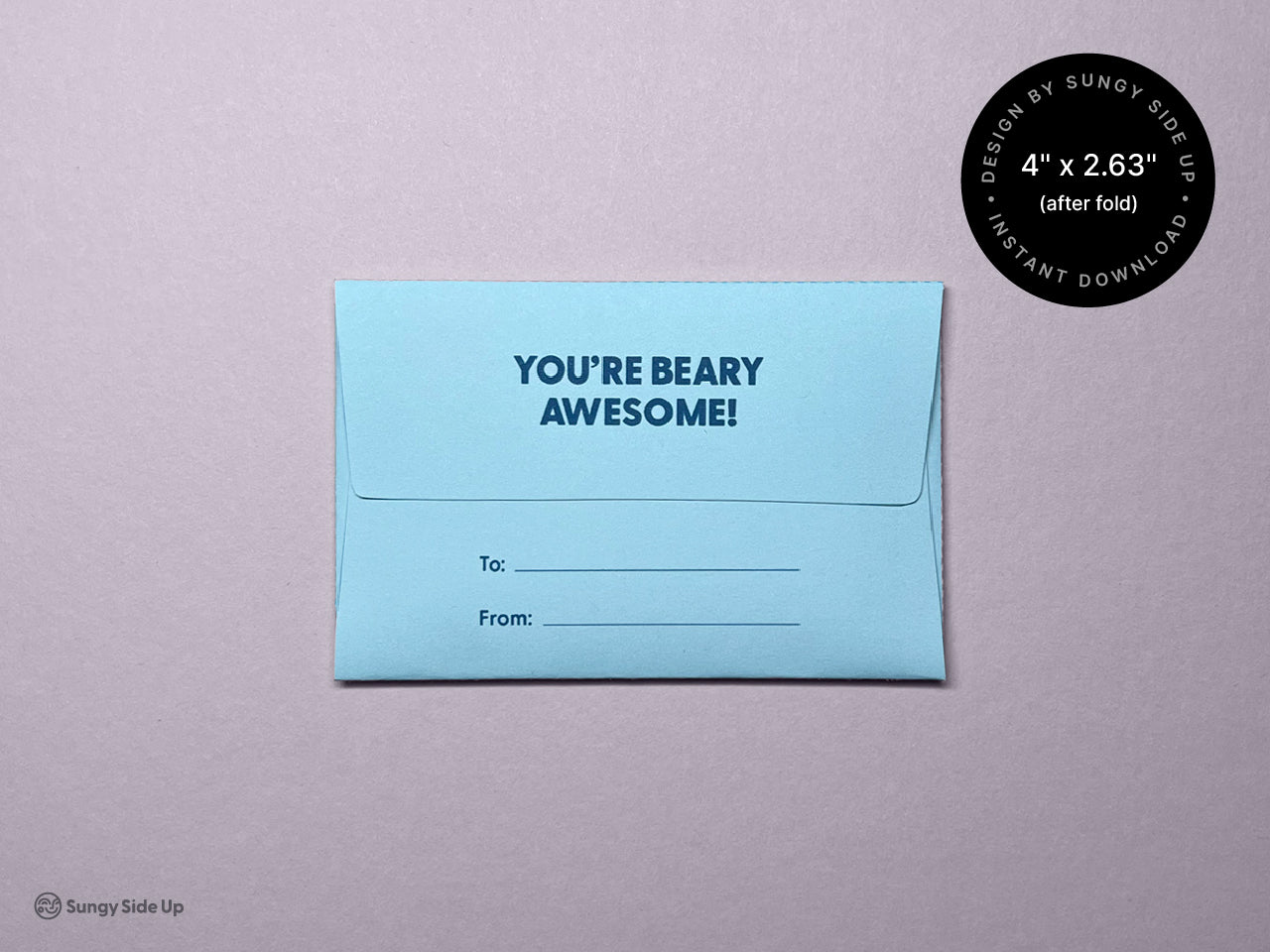 Back view of a folded printable bear gift card holder measuring 4 by 2.63 inches. The flap displays the message “You’re Beary Awesome!” and includes lines labeled “To” and “From” for personalization. The light blue design is fun, cute, and perfect for birthdays, thank-you gifts, or baby showers. A great instant download project that adds a handmade, thoughtful touch to any gift card.