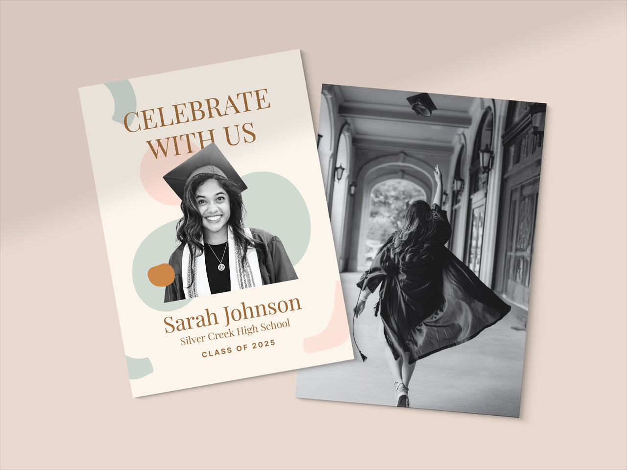 A boho-style graduation announcement card with a modern abstract design in neutral tones. The front features a customizable photo of a graduate with a message, Celebrate With Us, with an elegant serif font. The back showcases a black and white senior portrait, adding a personal touch. This 5x7 printed graduation announcement card and is perfect for high school or college grads, available for customization and professional printing.