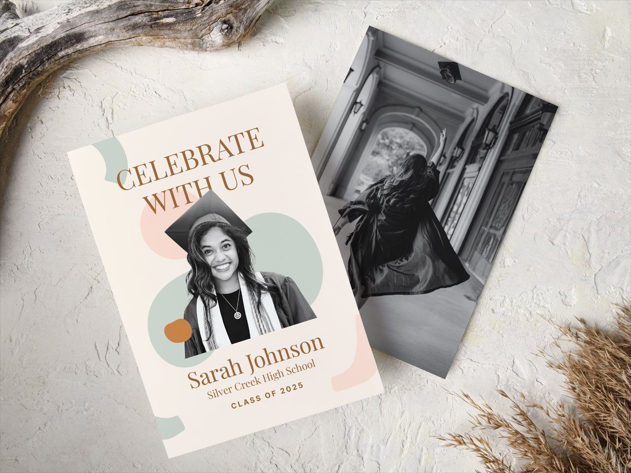 A boho chic graduation announcement card set on a rustic, textured background with dried wheat grass for a natural, organic feel. The 5x7 printed grad announcement card features a modern abstract design with a custom photo of a graduate and elegant serif typography. A great option for high school or college graduation celebrations, this personalized grad announcement card is printed on smooth white cover stock for a sophisticated, timeless look.