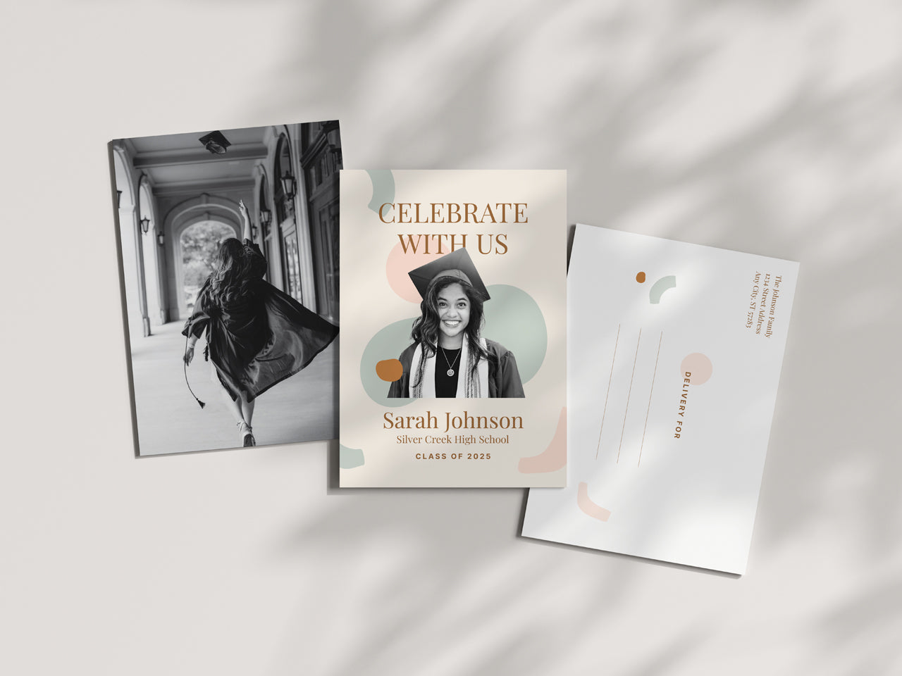 A boho-style printed graduation announcement set, including a customized 5x7 invitation, a matching black-and-white senior portrait, and a coordinating envelope with an elegant return address. Designed with abstract modern elements and earthy tones, this personalized printed grad card is perfect for high school or college graduates looking for a minimalist yet elegant graduation invitation.