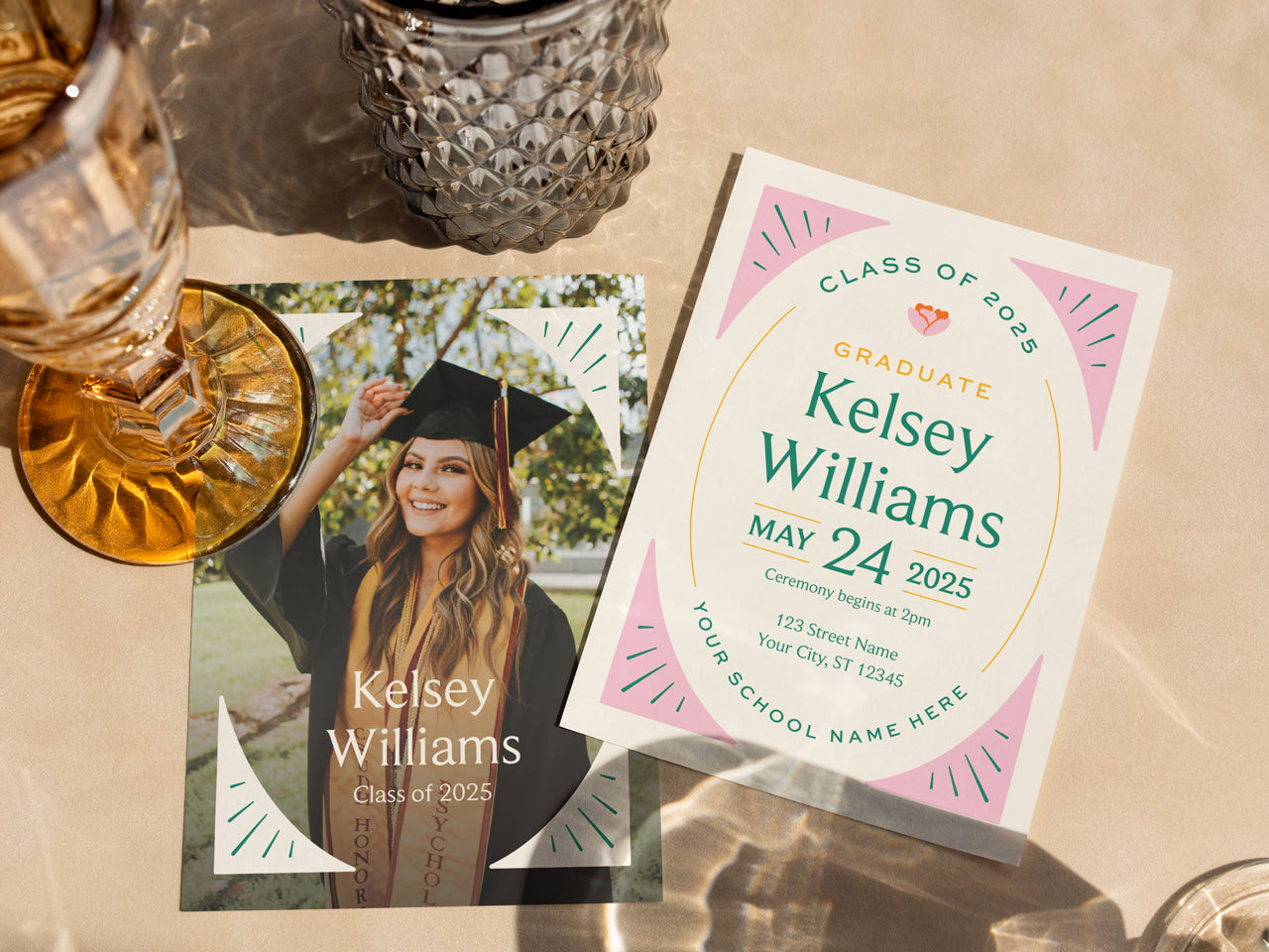 A front and back view of custom-printed graduation invitations displayed in warm natural lighting. The 5x7 graduation invitation features a modern, elegant design with pastel pink, gold, and green accents on smooth white cover stock. The photo graduation announcement showcases the graduate in a cap and gown with minimalist decorative elements. Perfect for high school or college seniors, this personalized Class of 2025 graduation stationery is both stylish and timeless.