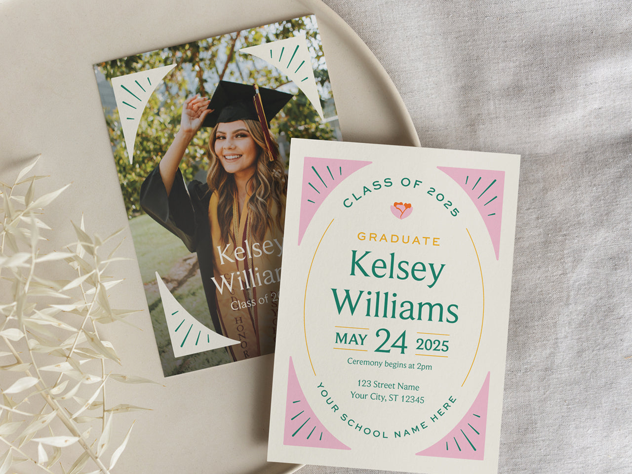 Front and back view of a modern and elegant graduation invitation featuring a personalized graduation photo invitation. The clean and minimalist design displays a round oval shape that frames the photo on the back and design on the front. This invitation is perfect for senior graduation parties with a stylish and timeless aesthetic. Ideal for those looking for graduation announcements printed and delivered. Colors include beige, pink, green, and yellow.