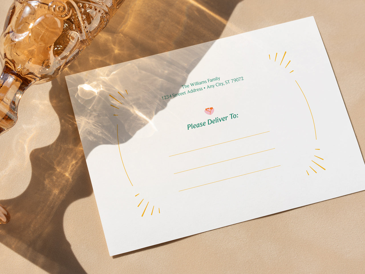 A custom-printed graduation invitation envelope with an elegant and modern design, featuring a pre-printed return address and designated delivery lines. The minimalist gold and green accents, paired with smooth white stock paper, create a sophisticated touch for mailing graduation announcements and invitations. This envelope pairs perfectly with personalized Class of 2025 invitations, making it a stylish and convenient option for high school and college graduation stationery.