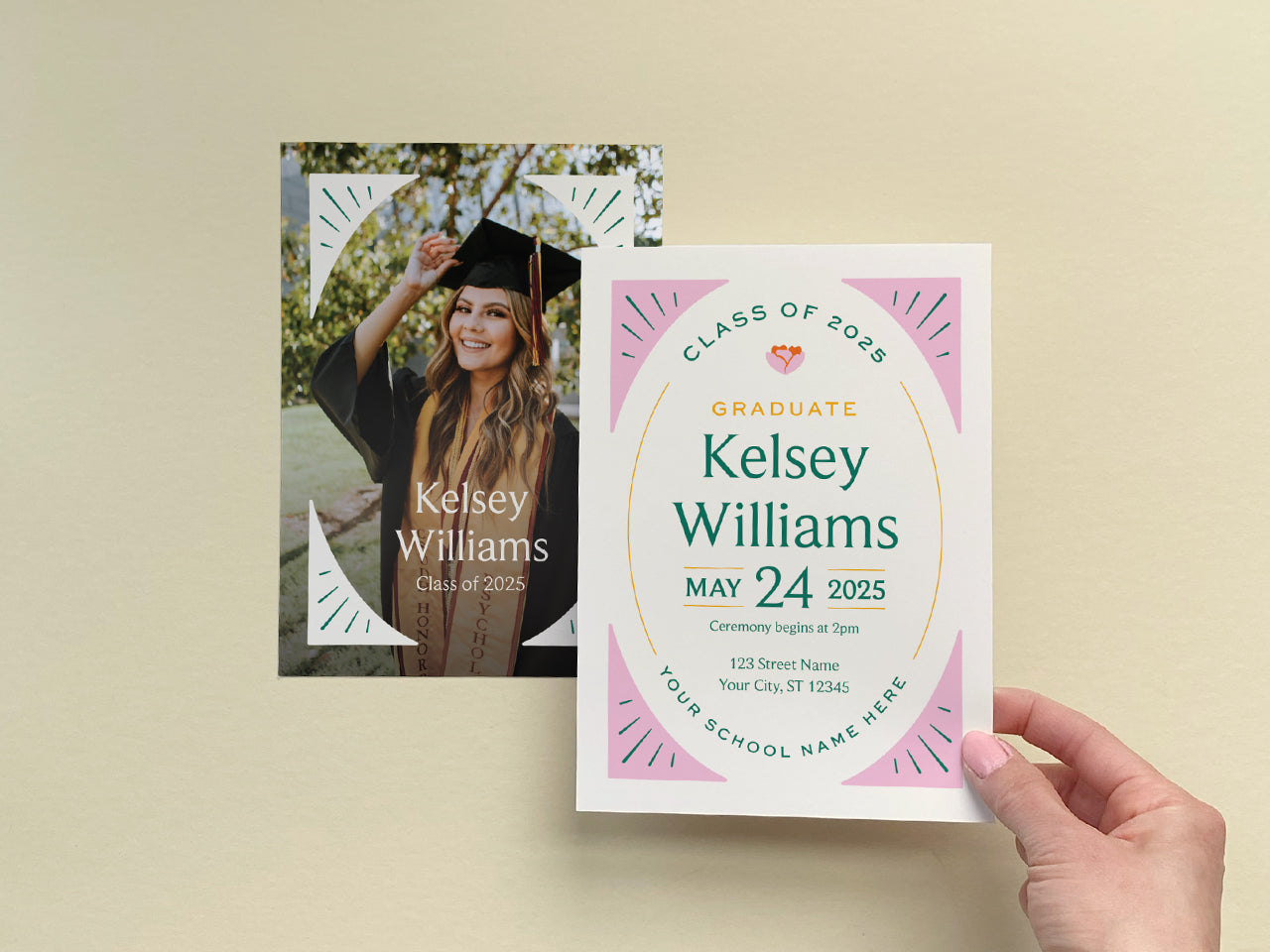 Handheld Graduation Invitation and Photo Announcement for Seniors. A personalized graduation invitation held in hand, highlighting its premium print quality and modern and elegant minimalist design. The 5x7 invitation card features a customizable layout, making it perfect for high school and college graduates who want a stylish and unique graduation announcement. Design colors include pink, green, and yellow.