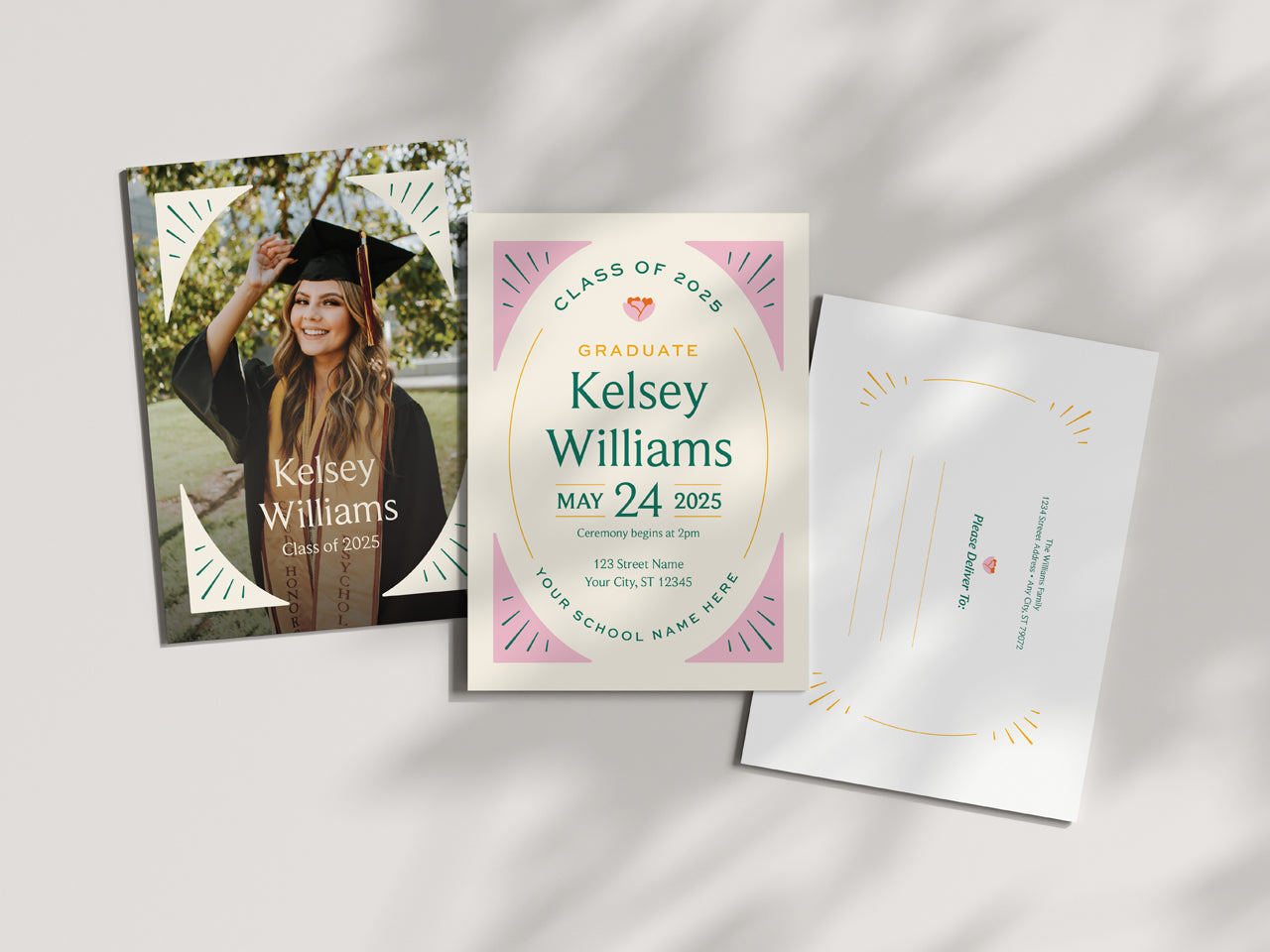 The front and back view of graduation invitations featuring a personalized 5x7 invitation, a color photo on the back, and optional custom-printed envelope. The modern and minimalist design includes bold typography, pastel pink, green, and yellow accents, and clean layout elements framed in oval shape, making it perfect for high school and college graduation parties. Professionally printed on smooth white cover stock, this Class of 2025 invitation is an elegant way to celebrate a big milestone.