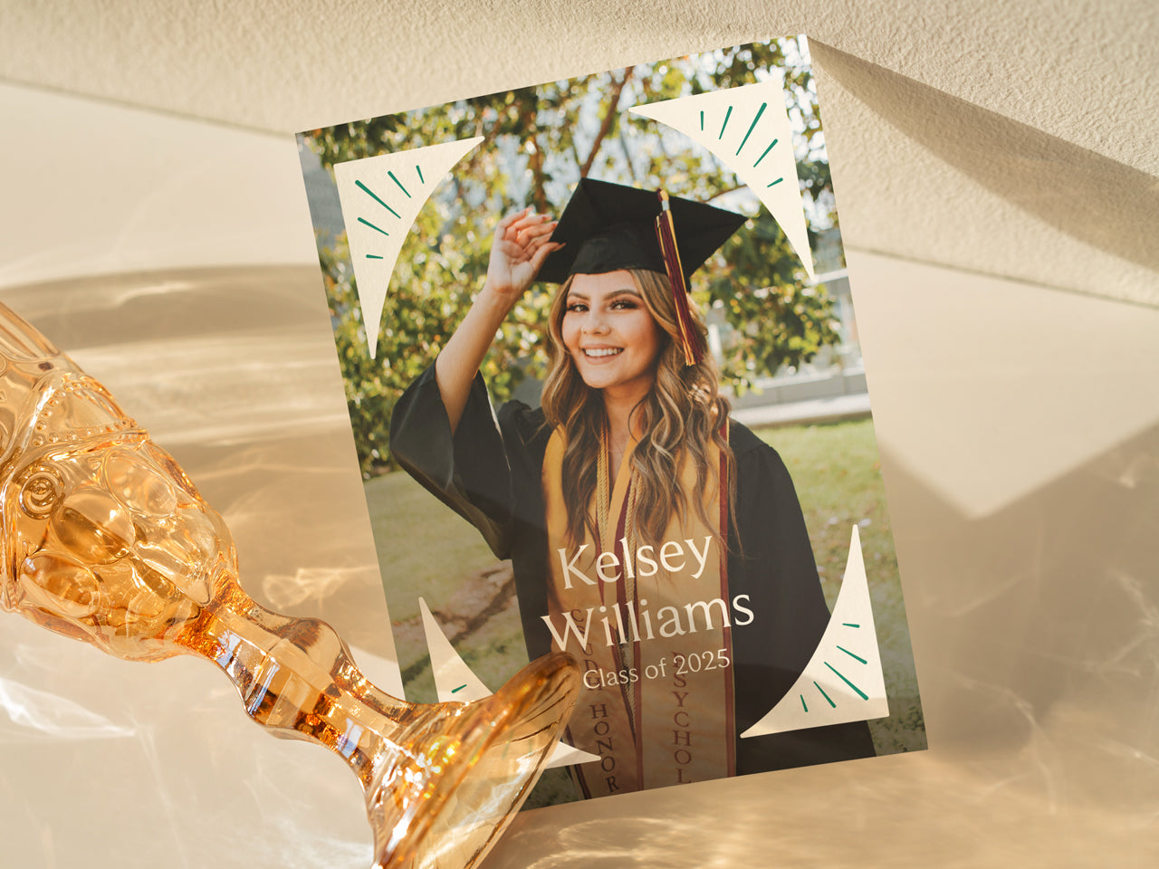A back view of a custom-printed graduation announcement card featuring a modern and minimalist design with a full-color graduate photo. The elegant typography, geometric accents, and soft pastel details create a sophisticated yet contemporary invitation. This 5x7 graduation announcement is professionally printed on smooth white cover stock, making it a stylish keepsake for the Class of 2025. Ideal for those seeking personalized senior graduation invitations and printed announcements.