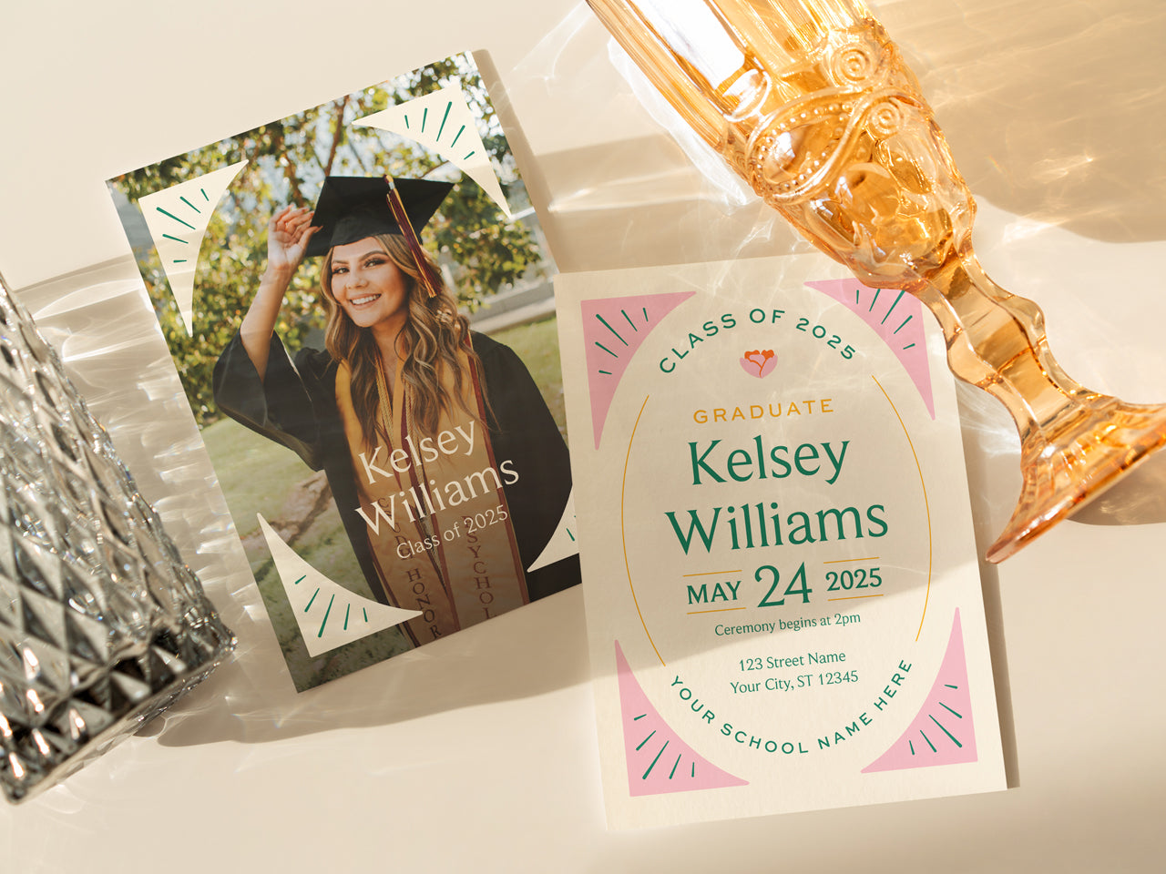 A chic and modern graduation invitation featuring a custom photo announcement card and printed invitation. The 5x7 printed graduation invitation includes personalized details such as the name of the graduate, school, and event date. The soft pastel accents, green typography, and high-quality cardstock make it perfect for high school and college graduation party invitations. Styled with vintage glassware and natural lighting, this is ideal for those seeking elegant printed graduation invitations.