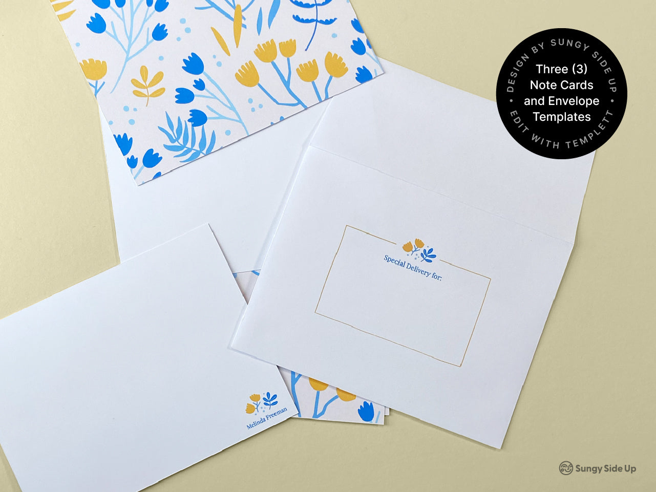 Printable floral note card and envelope set featuring three editable flat cards and three matching A2 envelopes. Includes a bright yellow and blue floral liner design for added charm. Customizable with Templett to personalize names, messages, and return addresses. Digital stationery perfect for thank you notes, personalized gifts, and everyday correspondence. Instant download and easy to print at home.