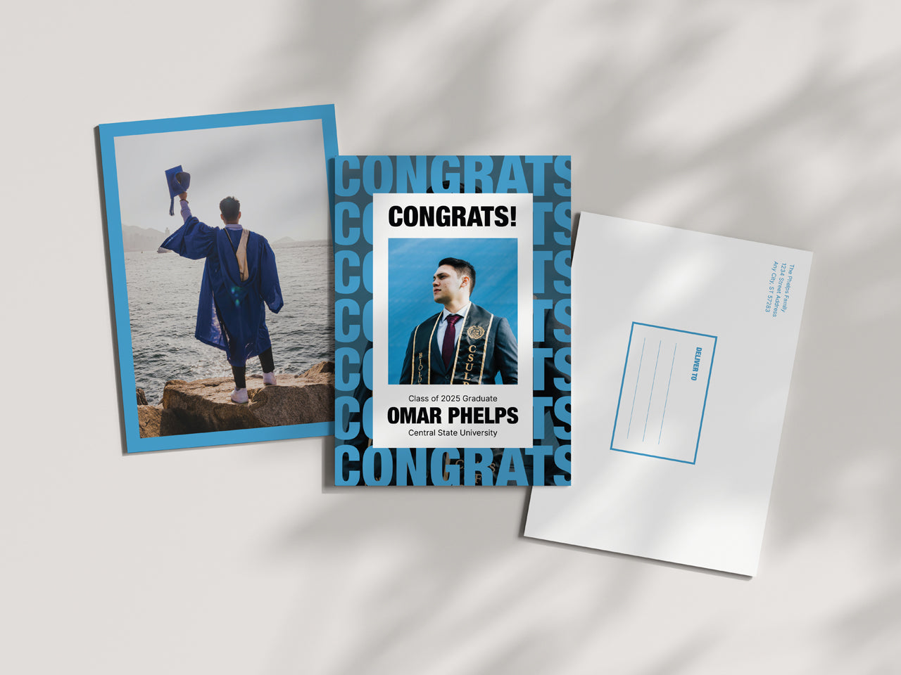 A graduation announcement displayed, full-photo back design, and a pre-addressed envelope. This modern and bold graduation announcement is ideal for high school and college seniors who want a sleek, photo-centric way to share their milestone. The card design features bold typography, a personalized photo, and a full-page photo option on the back. The envelope includes a pre-printed return address, making the process convenient and professional.