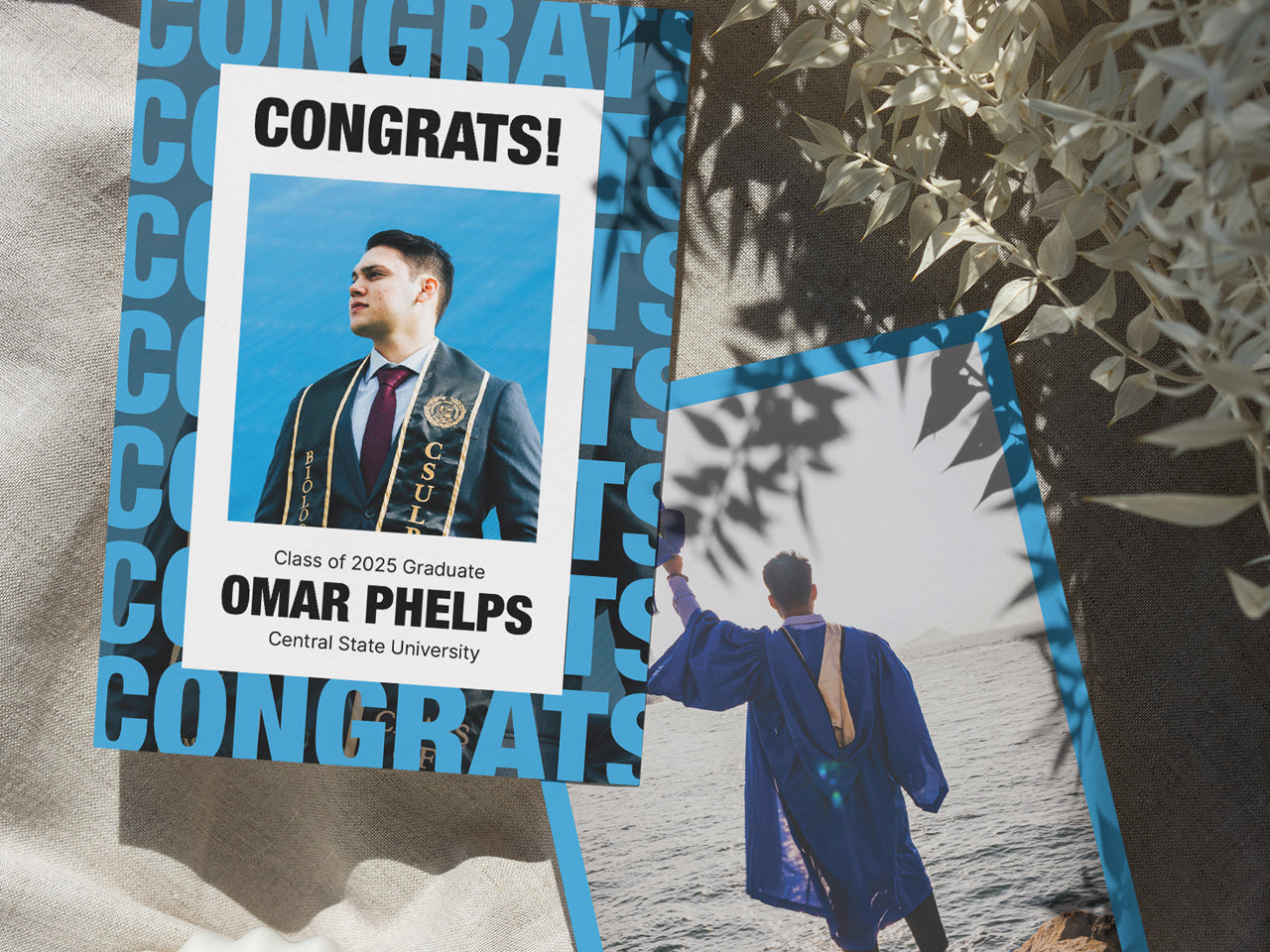A beautifully designed modern graduation announcement card features bold typography, clean lines, and a structured layout, making it a perfect personalized photo card for high school and college graduates. The name and school details are fully customizable, ensuring a personal touch. The back side of the card showcases a photo option, ideal for sharing graduation portraits or senior photos. This sleek and gender-neutral graduation card is ideal for those seeking a bold, non-traditional design.