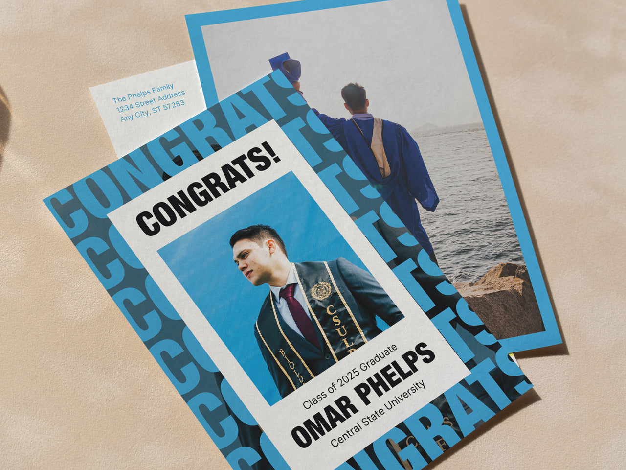 A stylish custom graduation announcement card is featured with an optional addressed envelope, enhancing its luxury and convenience factor. The front of the card presents a bold and modern design, with repeated CONGRATS text creating a structured yet dynamic background. A personalized graduate photo is prominently displayed with the name, school, and class year in sleek, black typography. The back side of the card highlights a photo layout. This design is perfect for seniors and college grads.