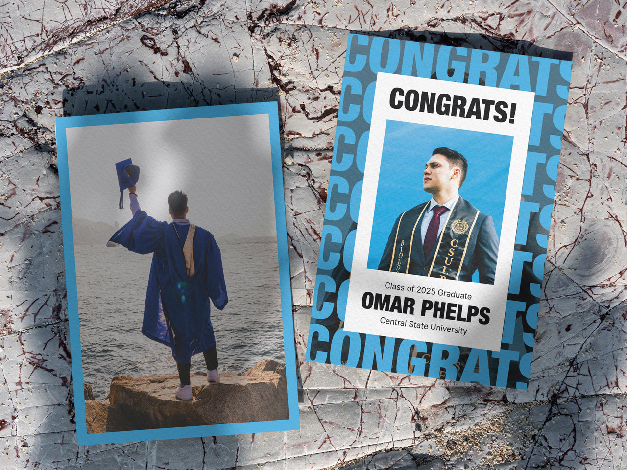 A modern graduation announcement card featuring bold typography and a customizable photo is displayed on a textured surface. The front of the card features CONGRATS in bold text. A personalized graduate portrait with the name, school, and graduation year. The back of the card shows a graduation photo, featuring the graduate standing, raising their cap in celebration. This custom grad announcement is perfect for high school and college seniors looking for a masculine, or unisex graduation card.