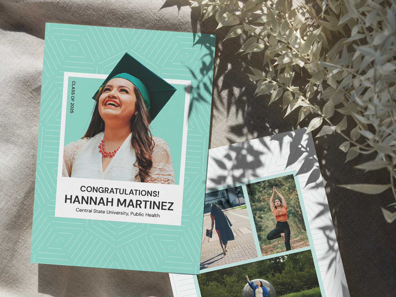 A modern graduation announcement card with a geometric design in mint green, photographed in a naturally lit setting. The front features a bold graduate portrait, while the back displays a collage of three personal moments. The card is placed on a textured linen fabric with dried botanical elements, giving a soft, organic aesthetic. Sunlight casts natural shadows, highlighting the premium paper quality and intricate printed details of this custom stationery set.