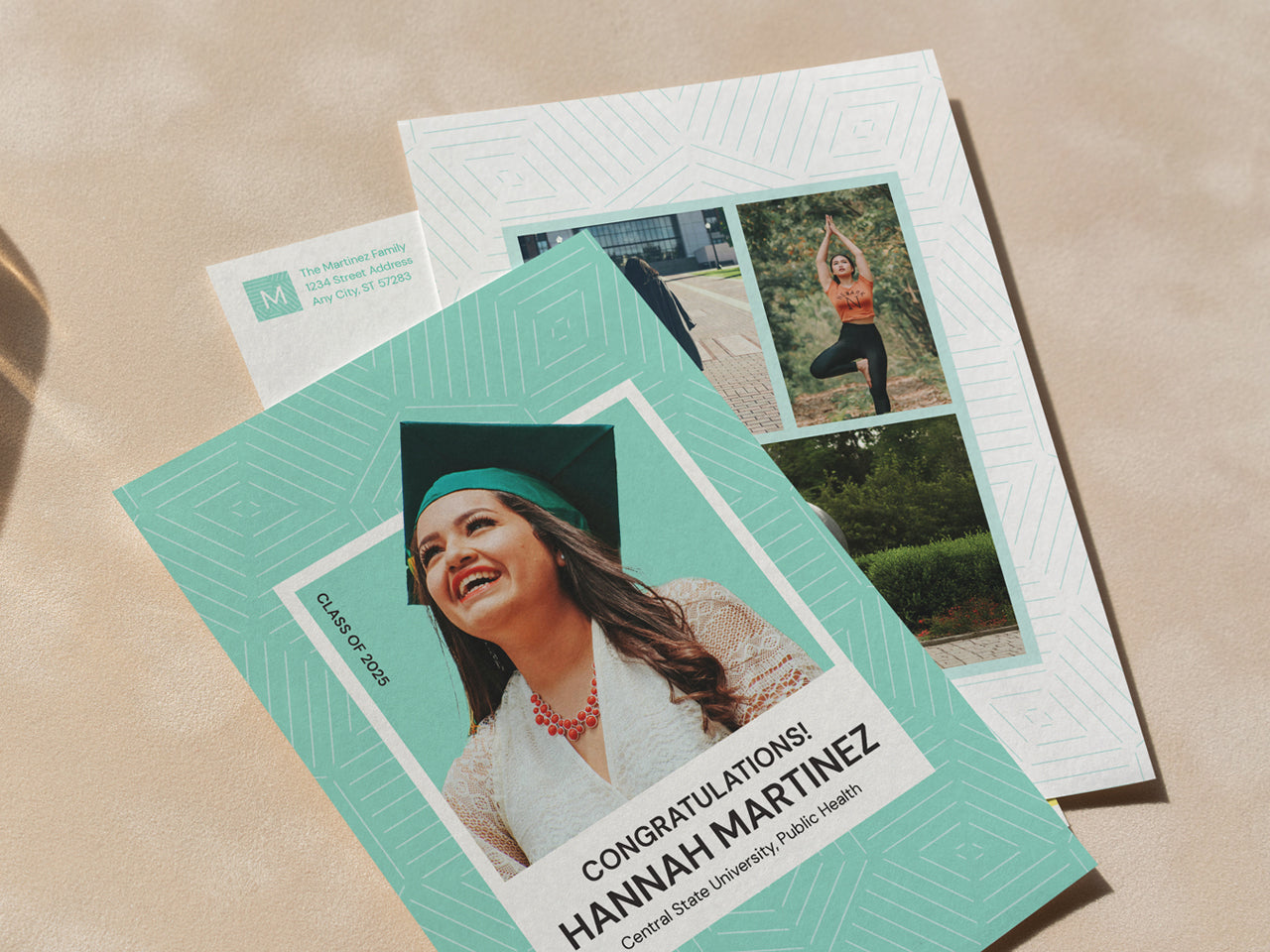 A modern graduation announcement card set displayed on a neutral-toned surface with soft lighting. The front features a large portrait of a smiling graduate wearing a cap and gown, while the back showcases a collage of three personal images. The envelope with a pre-printed return address in a matching geometric mint green design is partially visible. The premium cotton paper and sleek, elegant design add a sophisticated touch.