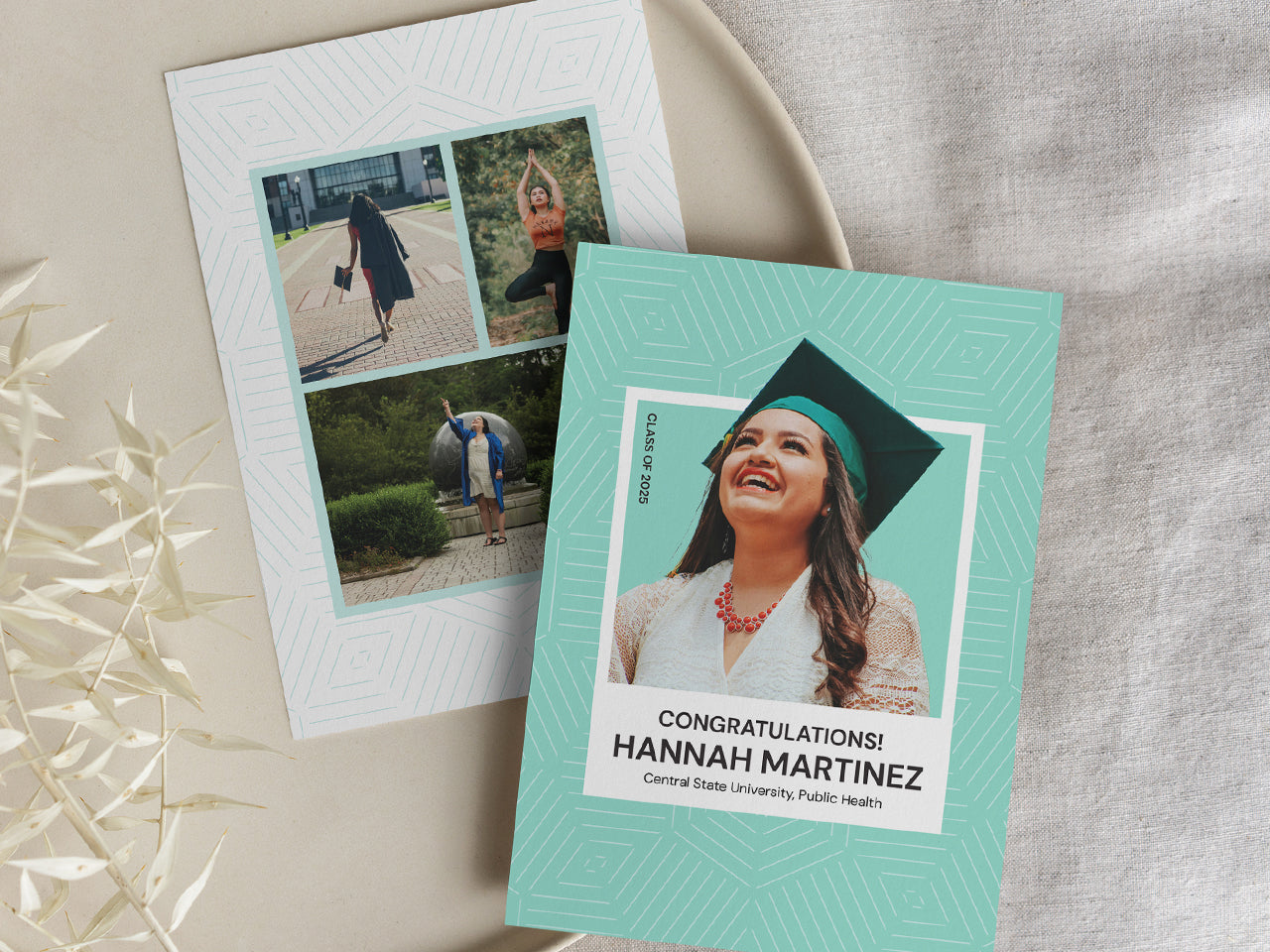 A beautifully designed double-sided graduation announcement card set laid on a soft linen fabric. The front of the card features a joyful graduate portrait, while the back highlights three meaningful personal images. The mint green geometric pattern adds a modern touch. Dried botanical elements in the foreground complement the clean aesthetic, making the design feel warm and elegant for celebrating this special milestone.
