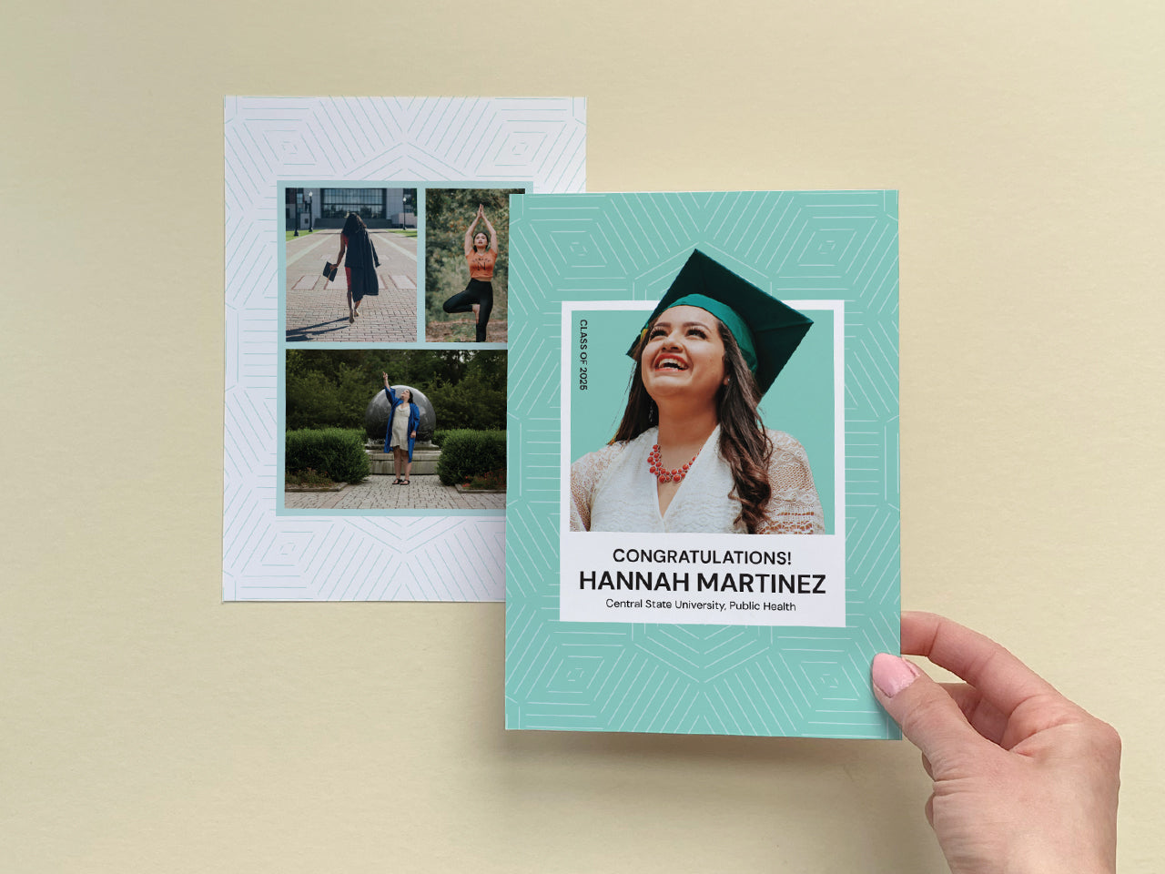 A hand of a young woman gently holds a modern graduation announcement card with a sleek mint green geometric design. The front features a bold graduate portrait, while the back showcases a three-photo collage. The high-quality printed cotton cover paper enhances the premium feel. The card is set against a soft beige background, emphasizing the stylish and contemporary aesthetic, perfect for announcing a big achievement for the graduate.
