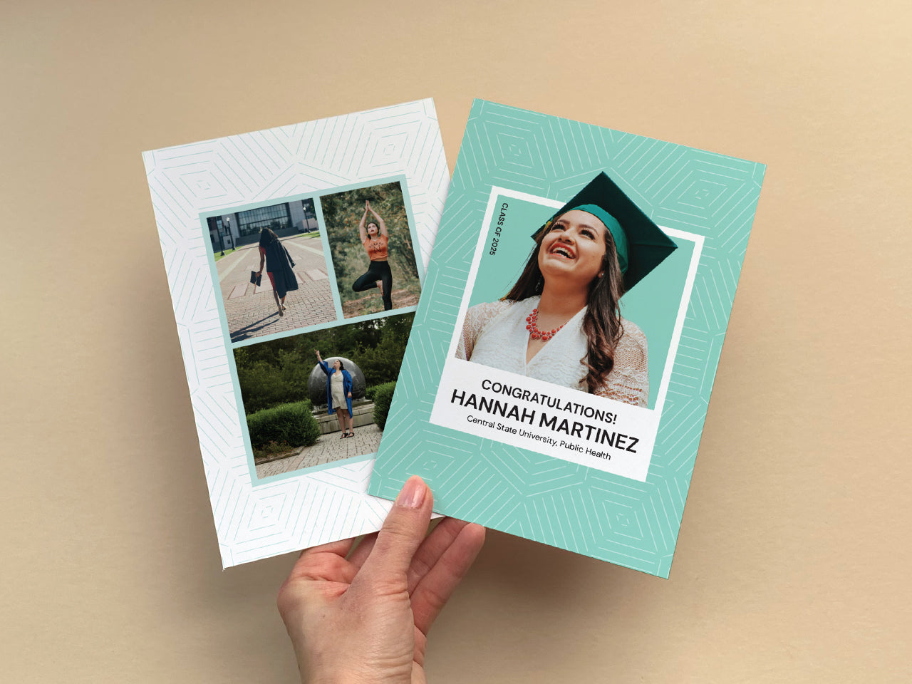 A close-up of a hand holding a modern graduation announcement card. The front features a portrait of a graduate wearing a cap and gown, smiling brightly, while the back contains three personalized images. The geometric mint green background adds a stylish and modern touch. The beige-toned backdrop enhances the refined, minimal aesthetic, emphasizing the luxurious quality of the paper and design. This is perfect for high school and college grads who want to celebrate a huge milestone.