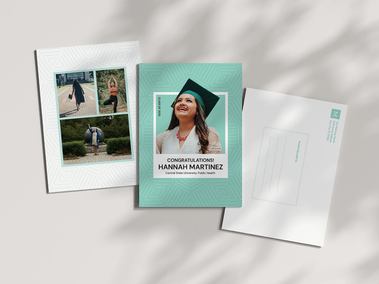 A complete graduation announcement card set, including the front and back of the card alongside a matching printed envelope. The mint green geometric pattern unifies the elegant, modern design. The envelope includes a pre-printed return address, while the card features a large graduate portrait and a three-image collage. Sunlight casts natural shadows across the neutral background, enhancing the premium, high-quality feel of this celebratory stationery.