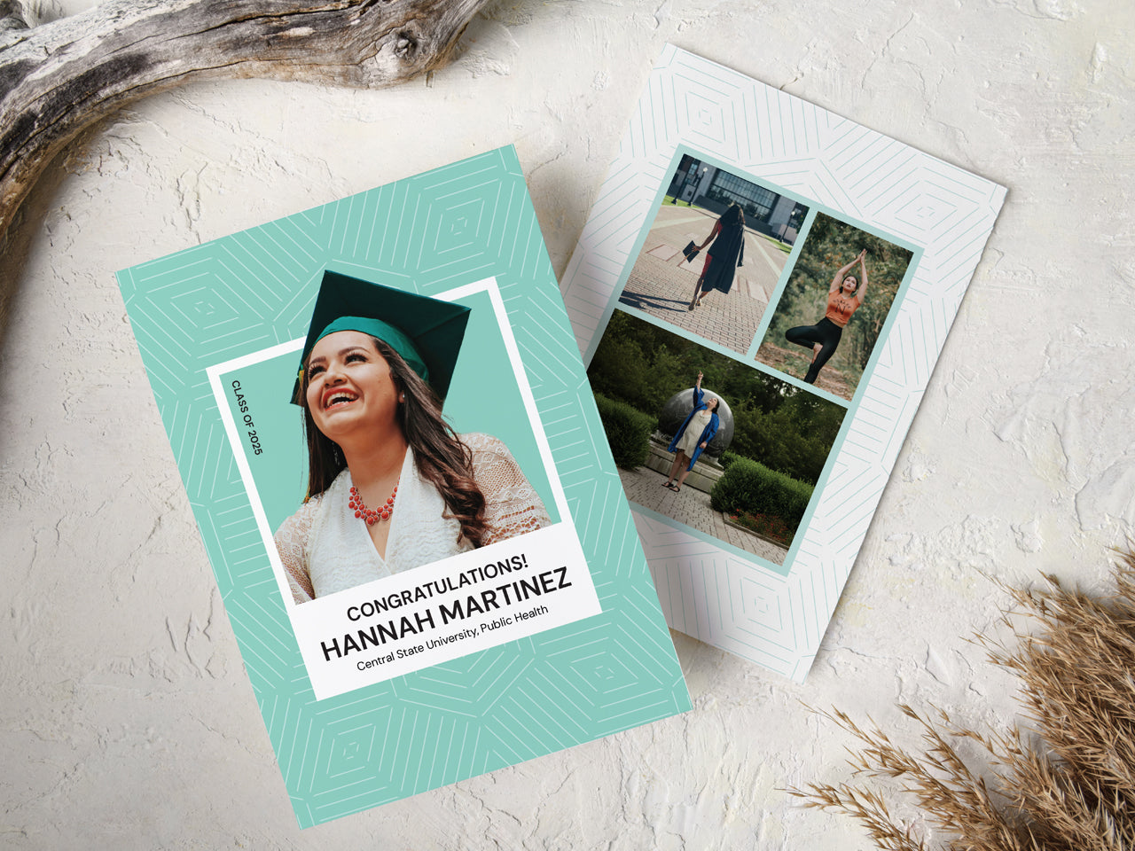 A beautifully designed, double-sided graduation announcement card with a modern aesthetic. The front showcases a large portrait of a graduate in a cap and gown, while the back features three personal photos arranged in a grid layout. The geometric pattern in mint green adds a stylish touch. The card is placed on a textured, neutral-toned surface with dried natural elements, enhancing the organic, elegant presentation.
