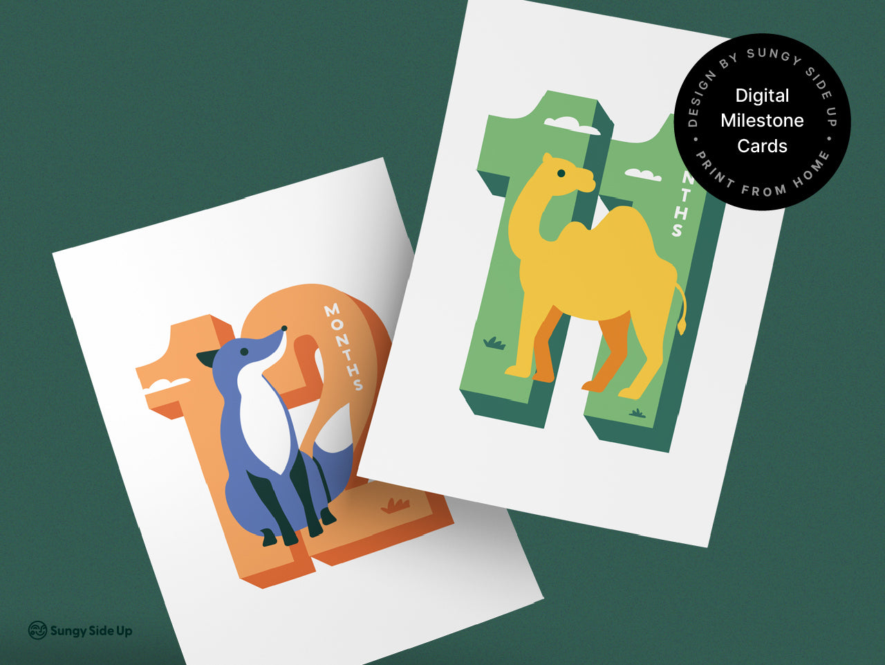 Two printable monthly milestone cards featuring a blue fox design for 12 months and a yellow camel design for 11 months. Displayed on a dark green background emphasizing the set of milestone cards are in digital and print from home format.