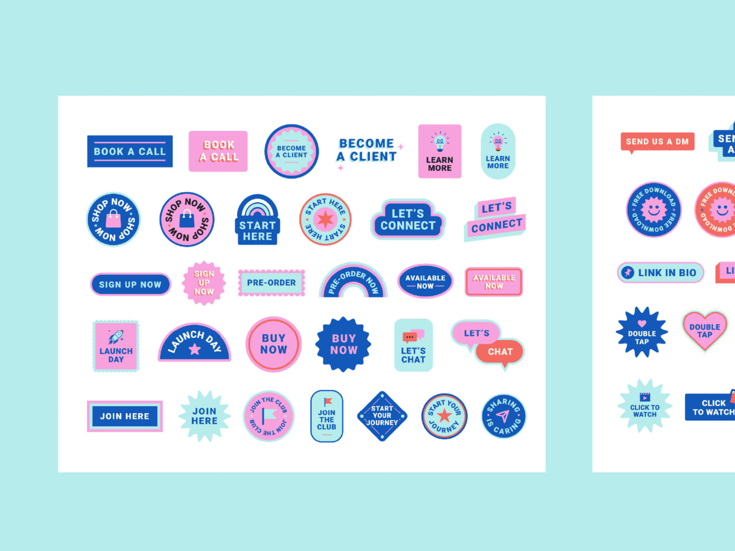 Colorful digital call to action stickers on a light blue background. The digital stickers feature various shapes, sizes, and text elements in shades of pink, purple, blue, and white, designed for marketing and customer engagement.