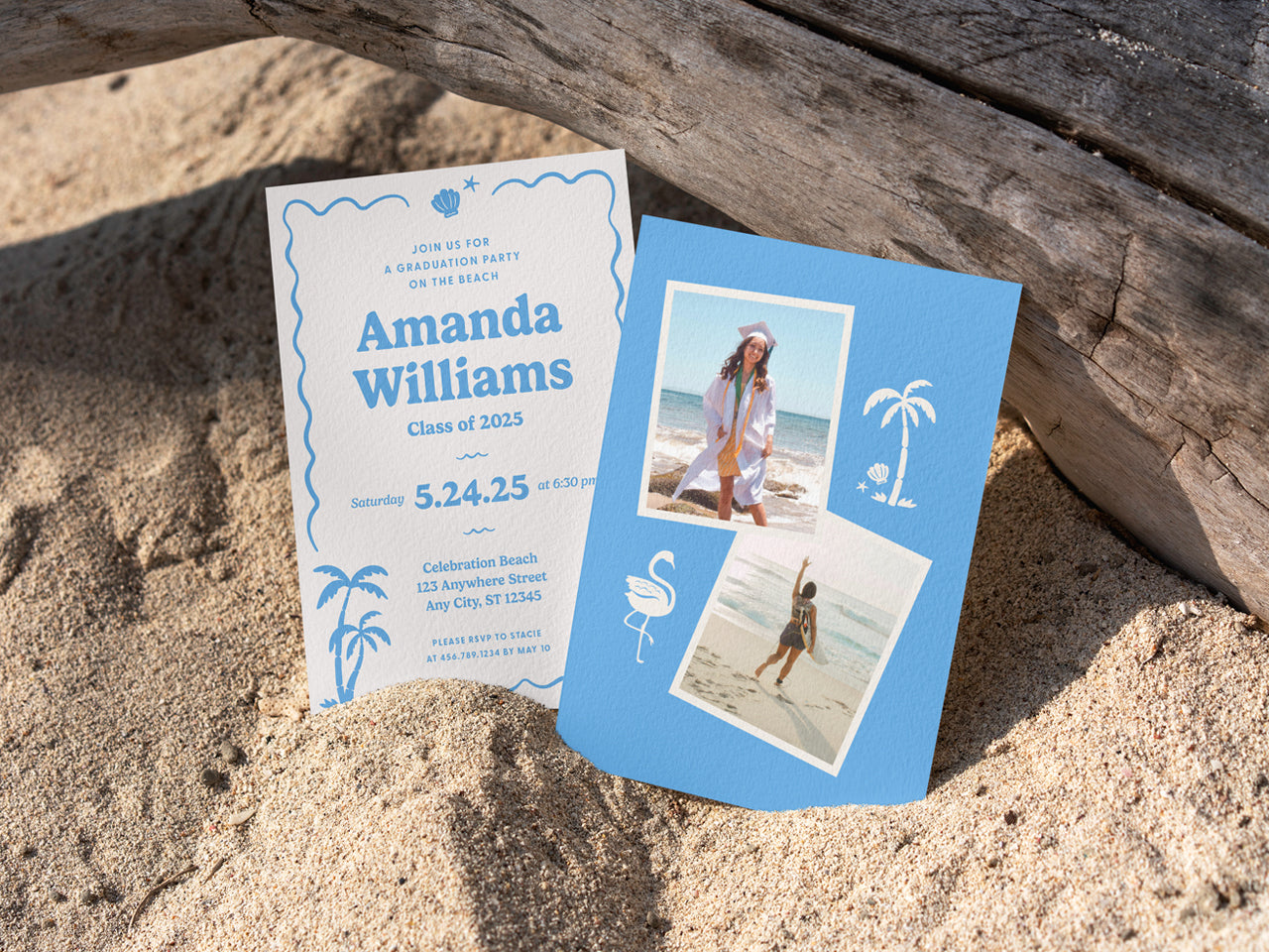 A stylish retro beach graduation invitation set displayed in the sand with a driftwood background. The printed invitation features a hand drawn scalloped border, palm tree graphics, and a modern coastal design. The matching blue backer card includes a collage of graduation photos with beachy illustrations, creating a tropical and boho aesthetic. Perfect for high school or college grad parties with a coastal or destination theme.