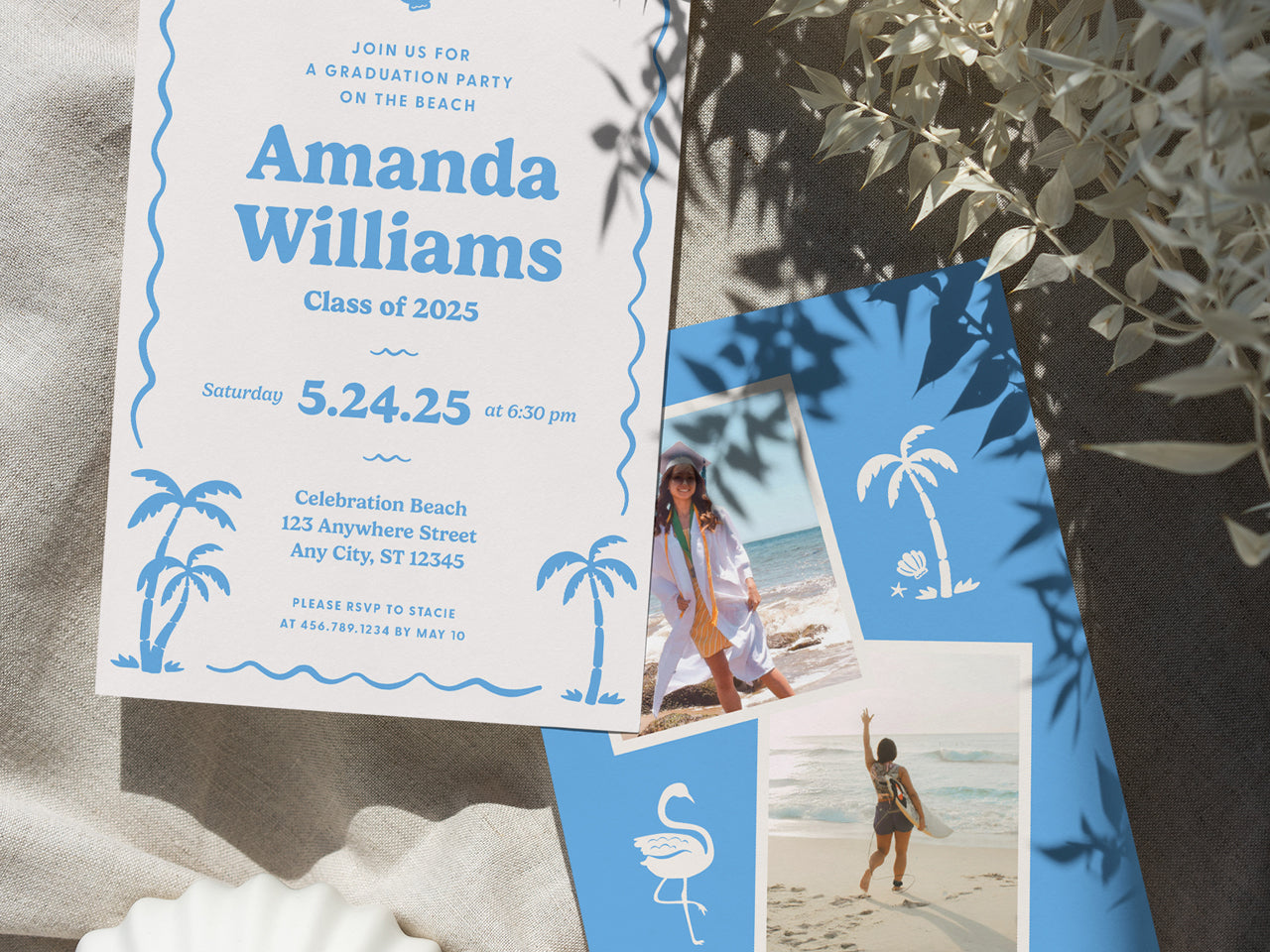 A sunny, high-quality lifestyle shot of printed retro beach graduation invitations featuring a vintage coastal aesthetic. The invitation includes palm trees, seashells, and playful typography in a soft blue color palette. The backer card displays a fun, modern collage of graduation photos with tropical graphics. A great choice for a high school or college graduate planning a beach or destination grad party.