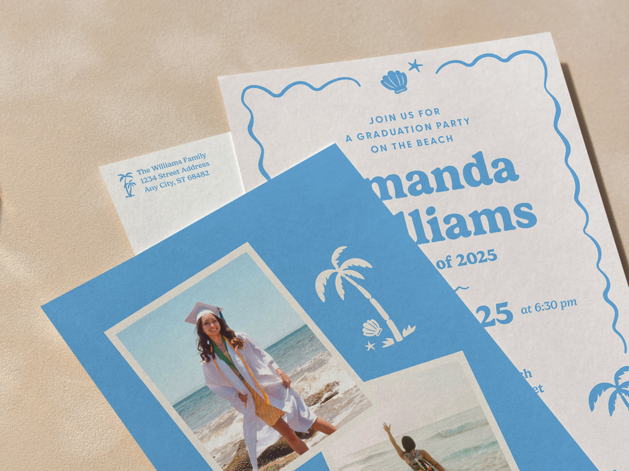 A close-up shot of printed beach-themed graduation invitations with a coordinating photo collage backer. The invitation is printed on thick, premium Savoy White cotton paper with a soft texture, giving it a luxury feel. The blue backer card features a tropical design with palm trees and a flamingo, making it a stylish and unique choice for a coastal or retro-inspired grad celebration. Perfect for high school and college seniors who are looking for a fun, printed graduation party invitation.