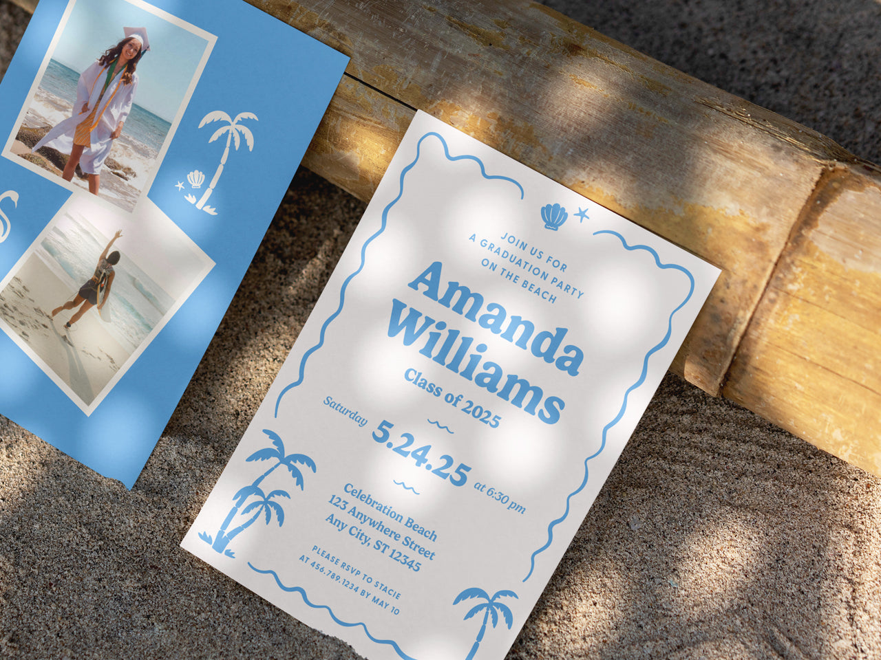 A detailed shot of retro beach graduation invitations displayed on a sandy surface near a weathered wooden log. The premium printed invites have a vintage-inspired coastal theme with a scalloped border, tropical illustrations, and a vibrant blue backer showcasing personalized grad photos. Perfect for Class of 2025 graduates planning a beachside celebration. Printed on white cotton cover stock, this is perfect for those who want to celebrate this milestone with a luxury and stylish vibe.