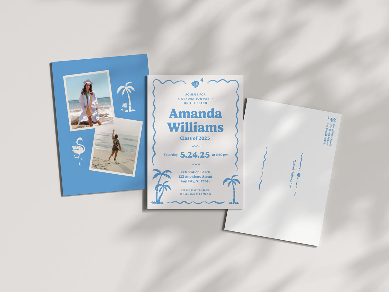A flat lay of a full retro beach graduation invitation set, including the main invite, blue photo collage backer, and matching envelope with printed return address. The coastal-inspired design features playful wave details, palm trees, and a modern yet nostalgic typography style. A perfect choice for high school or college graduates celebrating at the beach or with a tropical-themed party. Blue and white classic style printed on white cotton cover stock for a premium feel.