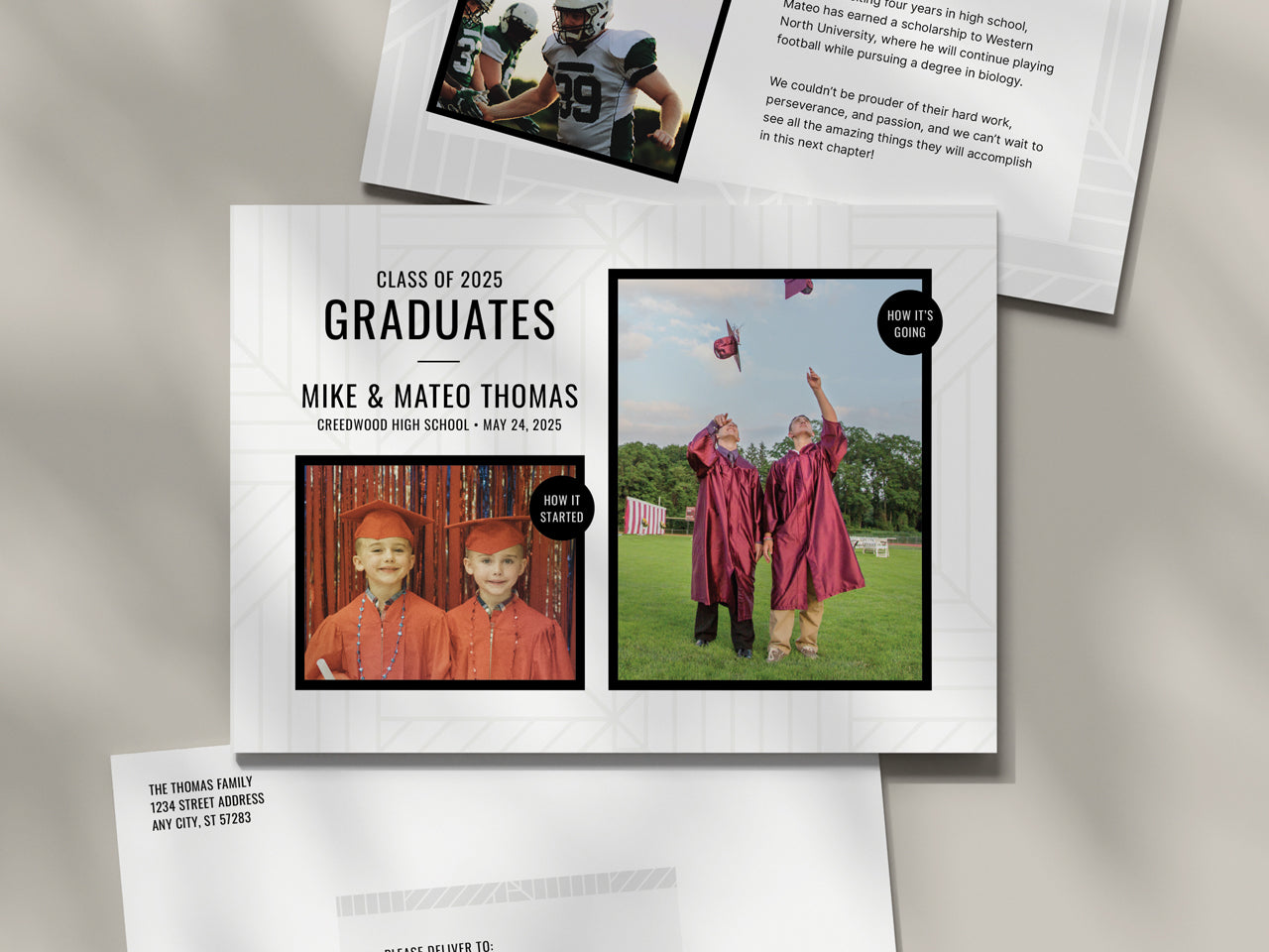 A set of twin graduation announcement cards displayed on a smooth beige surface with soft shadows. The front of the card showcases a nostalgic Then and Now photo comparison, while the back includes a personalized message about each graduate’s journey, along with individual sports or candid pictures. A matching printed envelope is included, featuring a return address section. The clean design and high-quality print make it a stylish and sentimental keepsake.