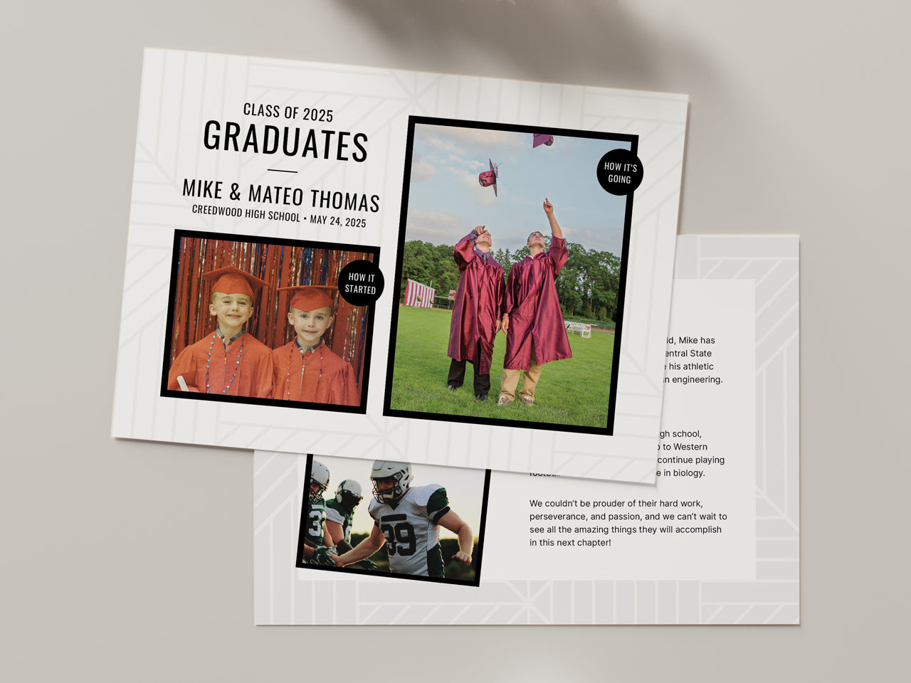 A printed high school graduation announcement card for twins displayed on a neutral-toned surface. The front features a modern layout with side-by-side photos capturing childhood graduation and senior year celebrations. The back contains a detailed write-up of each twin’s achievements and additional photos. The clean typography, bold black borders, and high-quality print create a sophisticated and timeless look, making it ideal for mailing to family and friends.