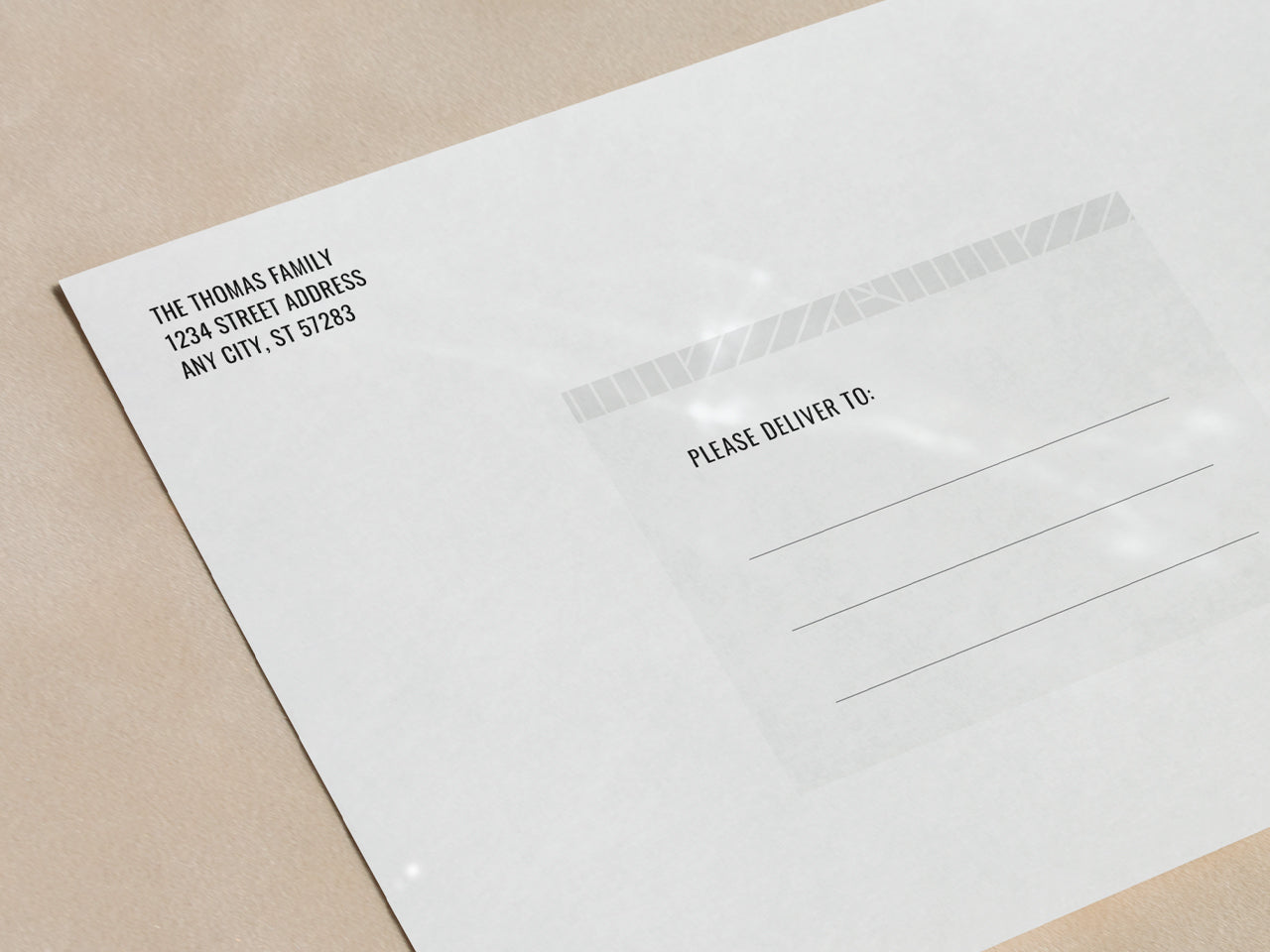 A high-quality printed envelope with a clean, minimalist design. The envelope features a pre-printed return address in the upper left corner and a section for the recipient’s address with a simple decorative border. The envelope is displayed on a neutral-toned surface, reflecting soft light. The design complements the graduation announcement card, ensuring a polished presentation for mailing out to friends and family.