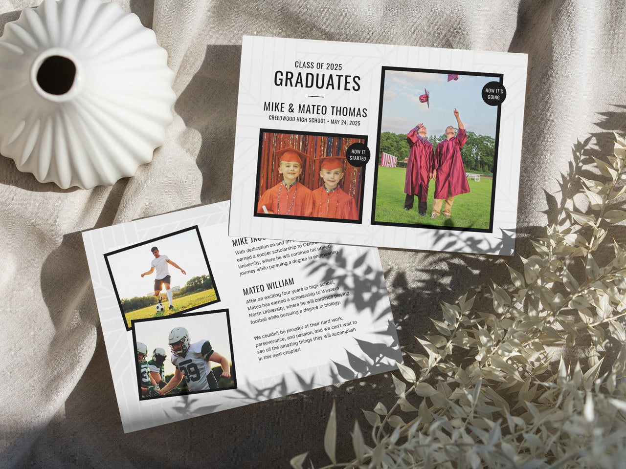 A stylish graduation announcement card set for twins is displayed on a natural linen fabric with dried floral elements. The front features a contemporary side-by-side photo layout, capturing a nostalgic childhood moment and a recent graduation photo with caps in the air. The back includes a detailed write-up of each graduate’s accomplishments and future plans, with additional sports and candid photos. The setting enhances the elegant and sentimental feel of the announcement.