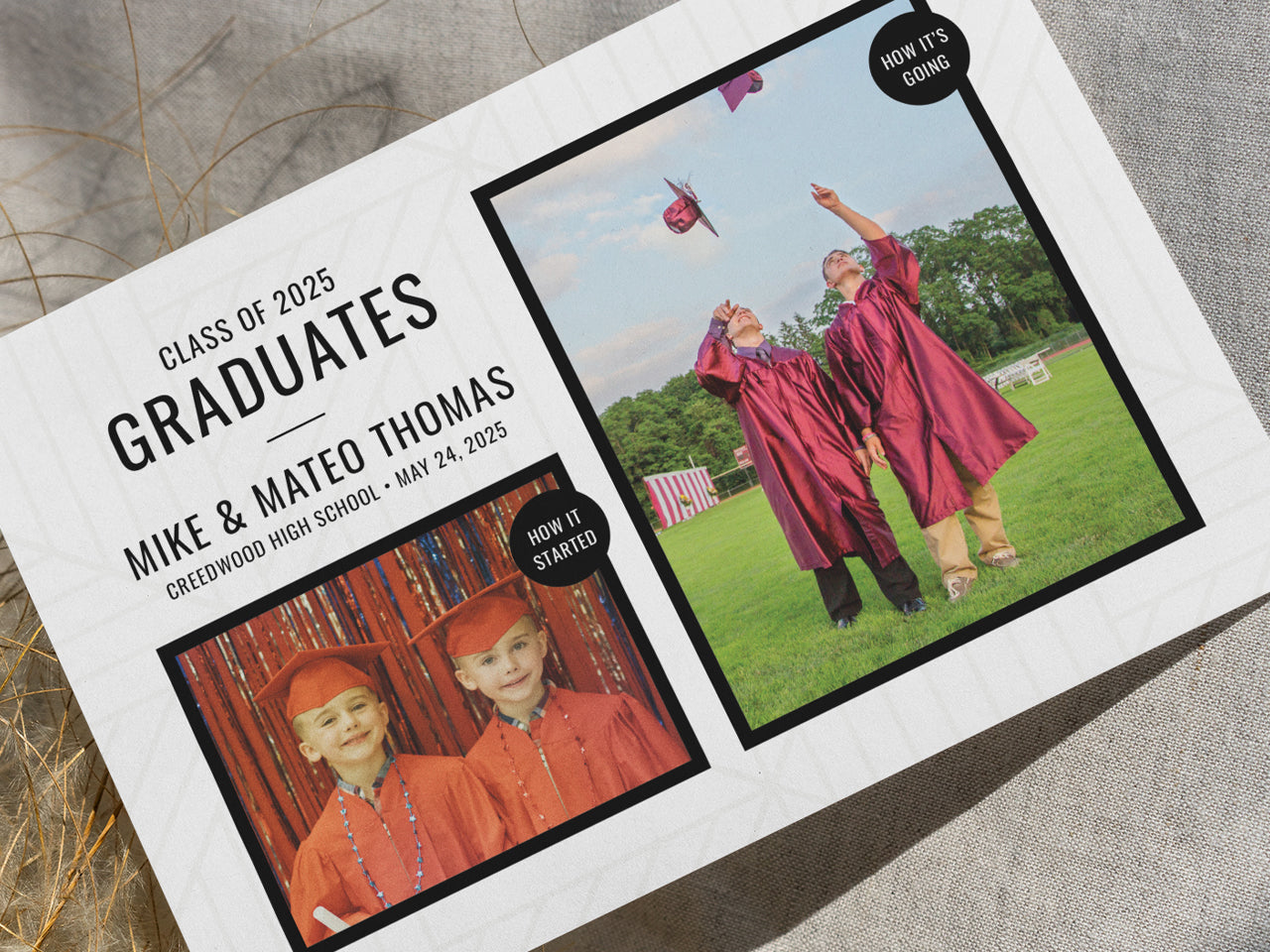 A close-up shot of a printed high school graduation announcement card for twins, displayed on textured fabric with gold accent details. The front design showcases a modern dual-photo layout, highlighting the twins as children in matching graduation caps and a present-day photo of them celebrating their milestone. The card’s high-quality print and bold black borders create a sophisticated look, making it a perfect keepsake for family and friends.