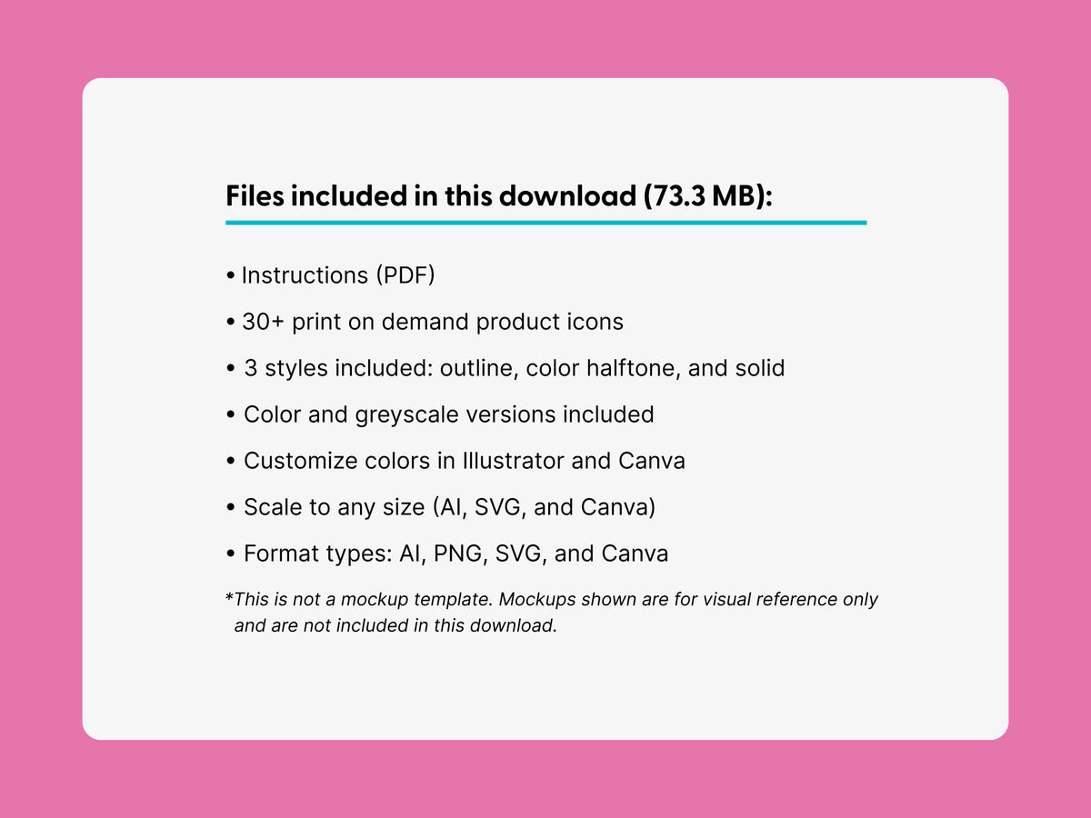 A digital download listing slide with a white rounded rectangle on a pink background, listing included files and features such as instructions, product icons, outline/color/halftone/solid styles, color and greyscale versions, and AI, PNG, SVG, and Canva formats.