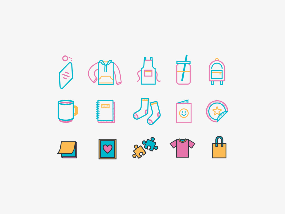 A set of colorful line-art icons depicting various print on demand product items such as clothing, accessories, drinkware, and stationery, arranged in a grid on a light gray background.