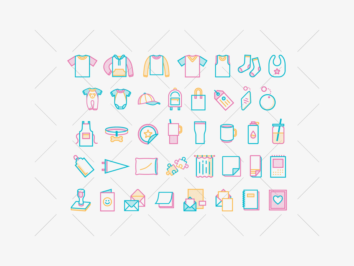 A grid of small multicolored outline icons representing baby clothing, accessories, household items, and stationery on a light gray background with a faint diagonal watermark pattern.