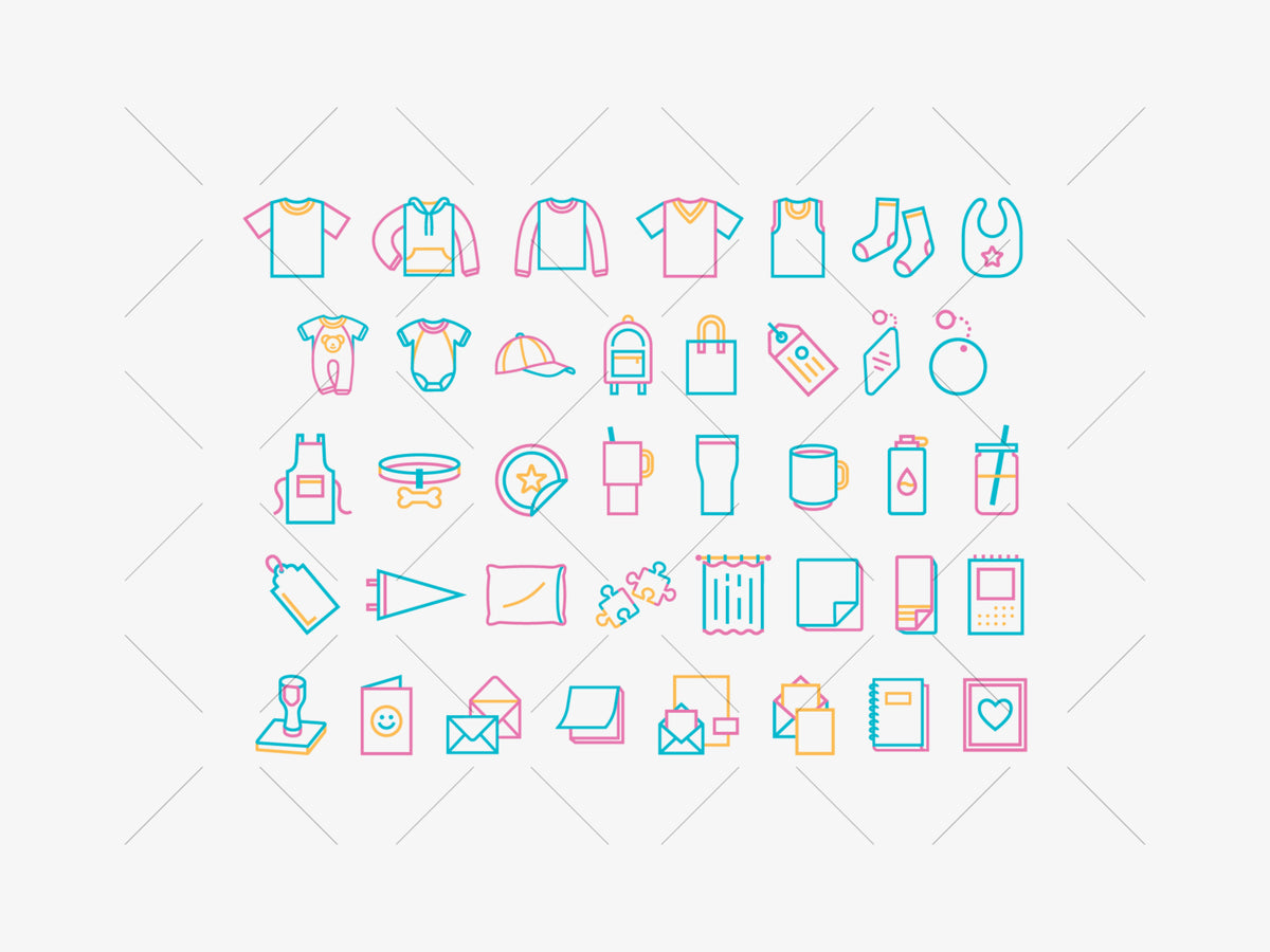 A grid of small multicolored outline icons representing various baby and nursery items, such as clothing, bottles, toys, and accessories, on a light gray background with a faint diagonal watermark pattern.