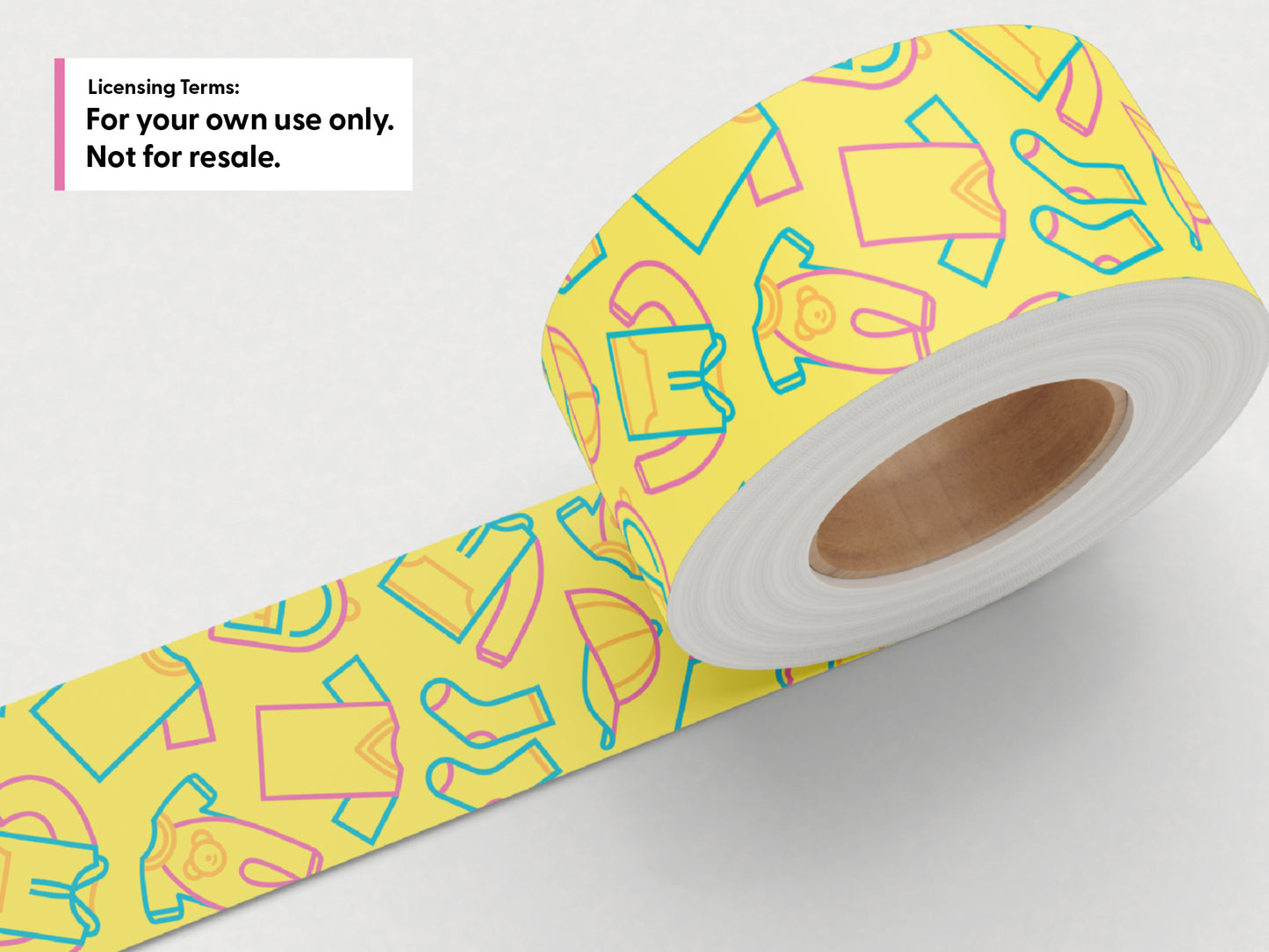A roll of yellow tape with a colorful outline pattern of clothing items, shown on a light gray background with a white text box in the top-left corner.