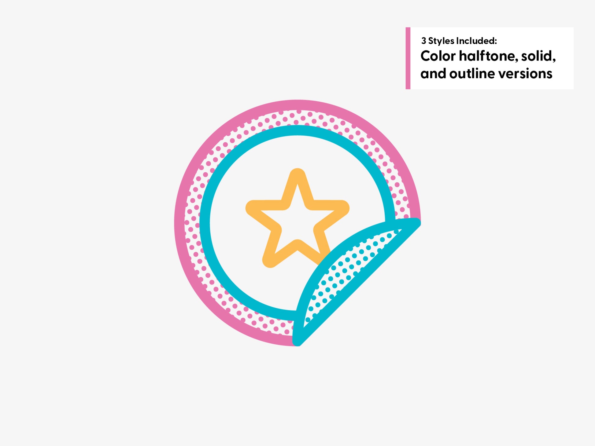 A stylized circular sticker or badge graphic with a yellow star in the center, pink dotted outer ring, and teal solid and dotted inner ring, on a light gray background.