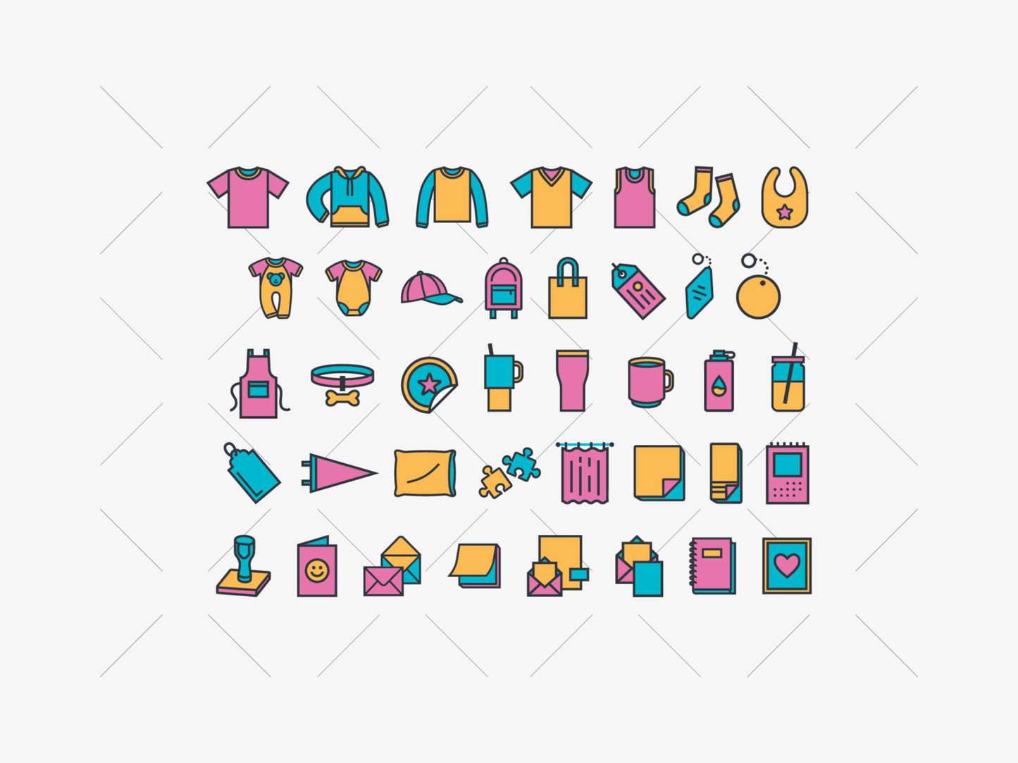 A grid of colorful flat-line icons representing various categories such as clothing, baby items, accessories, groceries, and stationery, set against a light gray background with a faint diagonal watermark pattern.