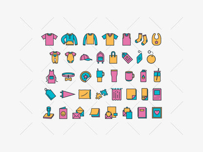 A grid of colorful flat-line icons representing various categories such as clothing, baby items, accessories, groceries, and stationery, set against a light gray background with a faint diagonal watermark pattern.