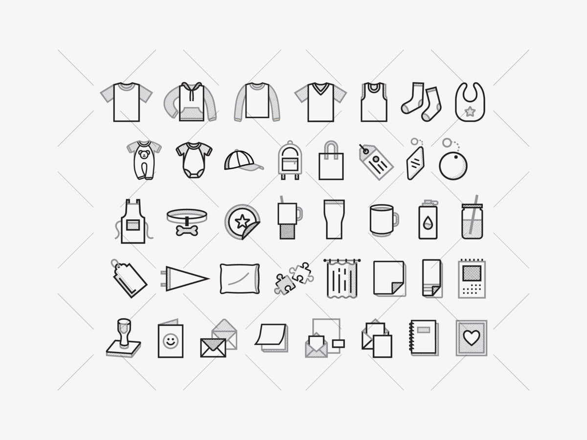 A grid of small black outline icons representing clothing, baby items, packaging, and office/document symbols on a light gray background with a faint diagonal watermark pattern.
