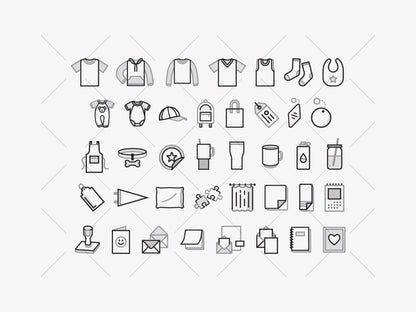 A grid of small black outline icons representing clothing, baby items, packaging, and office/document symbols on a light gray background with a faint diagonal watermark pattern.