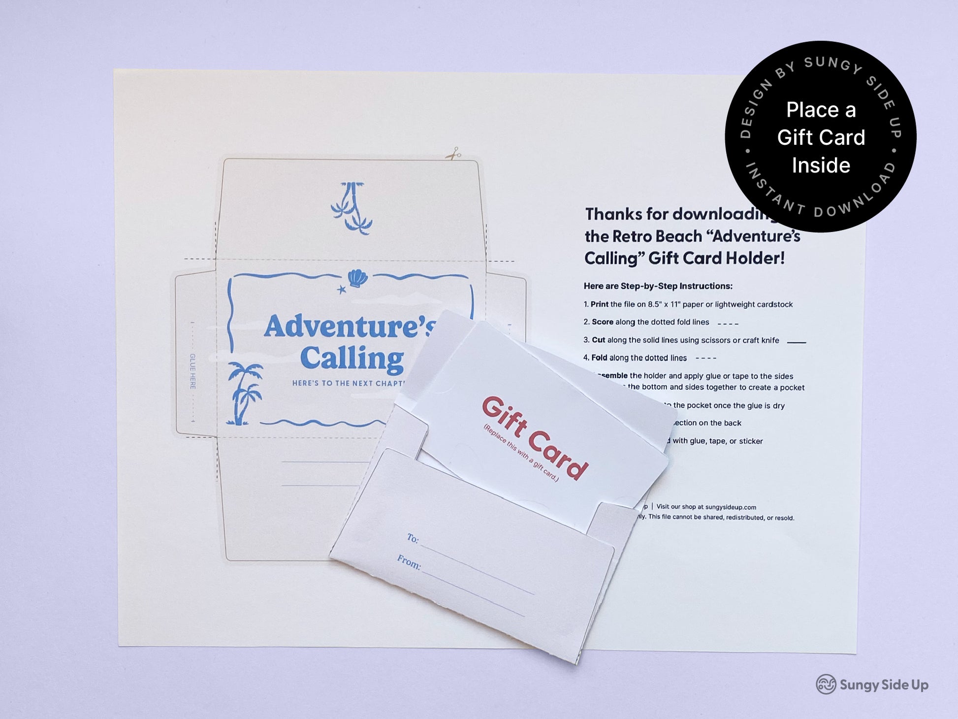 Flat lay photo of a printable retro beach-themed gift card holder on white paper with a lavender background. The cutout features blue palm tree graphics and reads “Adventure’s Calling” on the front. A mock gift card is shown partially inserted in the holder to demonstrate use. The scene also includes step-by-step instructions for assembly. Ideal for vacations, graduations, or travel-themed gifts. Printable, DIY, instant download gift card envelope for personal gifting.