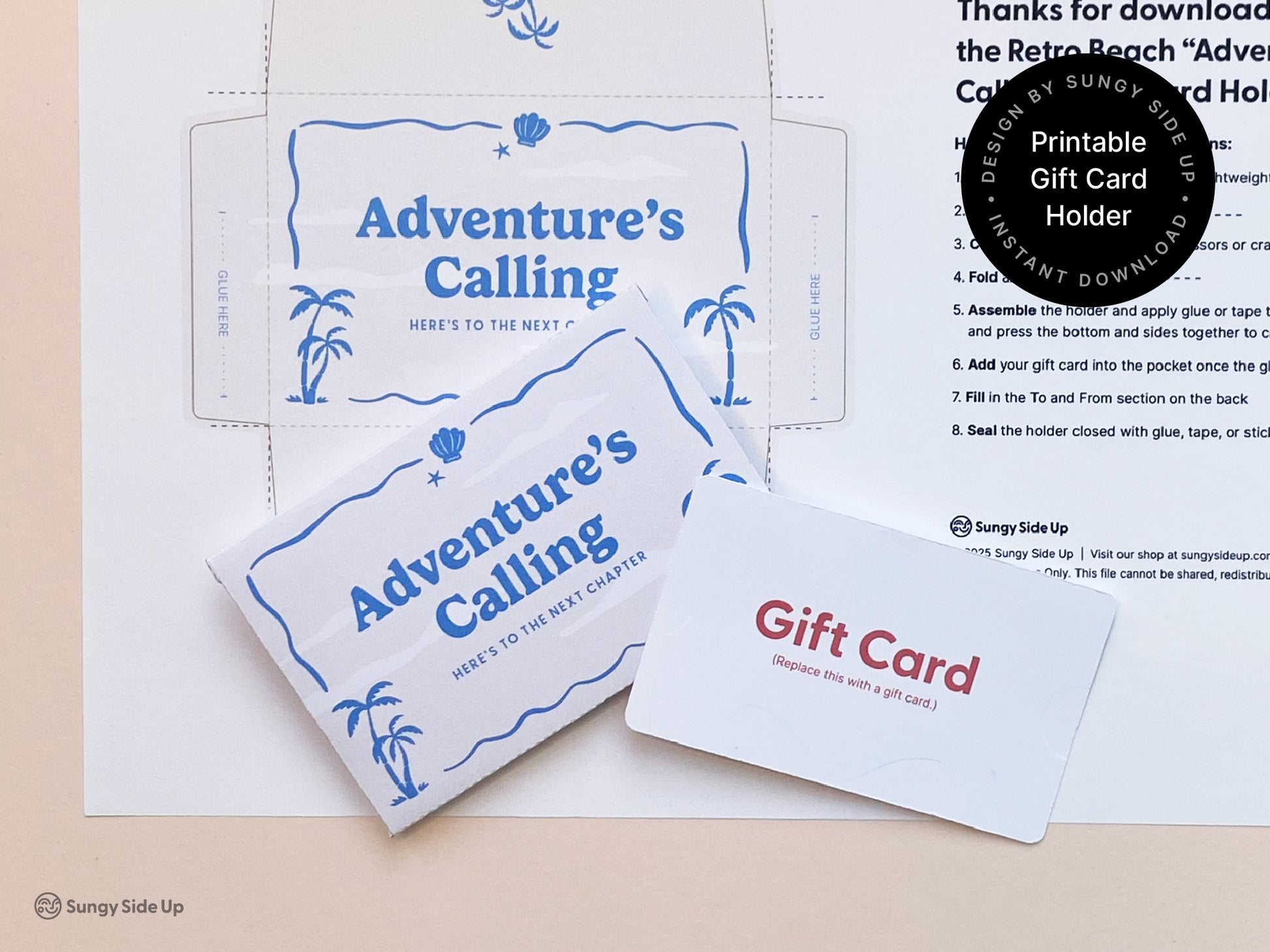 Flat lay of a retro beach-themed printable gift card holder titled “Adventure’s Calling,” shown fully assembled with a mock gift card beside it. The unfolded template with instructions is placed underneath on light-colored paper, demonstrating the DIY nature of the product. The holder features blue palm tree and ocean motifs, perfect for travel gifts, graduations, or summer celebrations. A fun and customizable instant download for creative and memorable gift-giving.