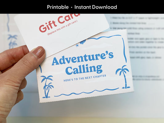 Close-up of a hand placing a mock gift card into a retro-style printable gift card holder that reads “Adventure’s Calling.” The envelope features playful blue illustrations of palm trees and waves, suggesting a travel or celebration theme. Background includes a printed instruction sheet slightly out of focus. Perfect for graduations, vacations, and farewells, this instant download offers a creative and personal way to present gift cards with a nostalgic, beach-inspired design.